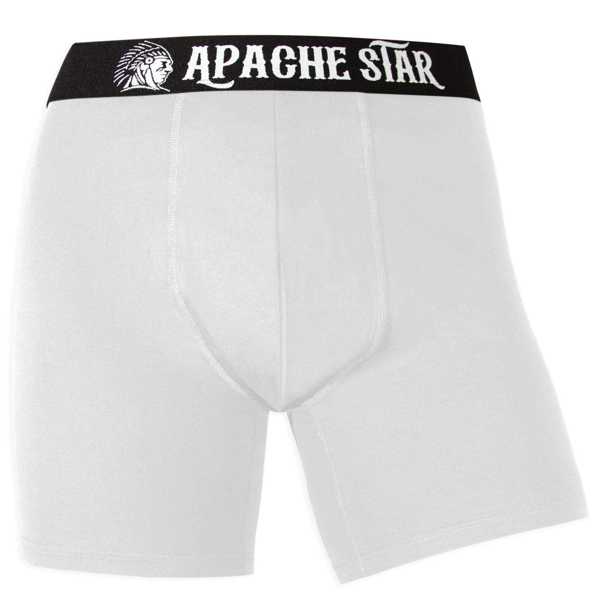 White COMMANDER'S COMFORT boxer briefs from 5 pack men's underwear set by APACHE STAR, front view with contrasting black waistband.