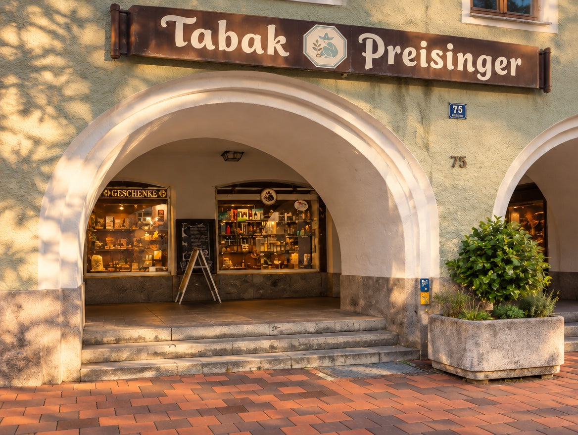 The Tabak Preisinger shop under the arcade on Mühldorf's Stadtplatz in golden evening light