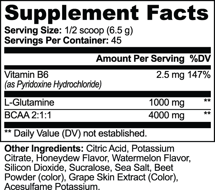 Supplement Facts label for APACHE STAR® BCAA Post Workout Powder showing ½ scoop (6.5 g) per serving, 45 servings, 4,000 mg BCAA 2:1:1 and 1,000 mg L-glutamine