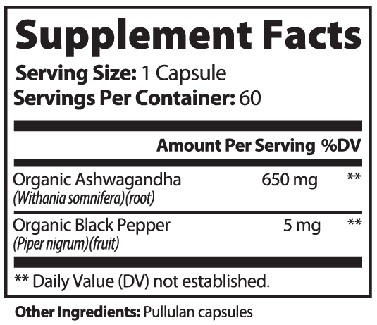 Ashwagandha capsules supplement label for stress relief and energy