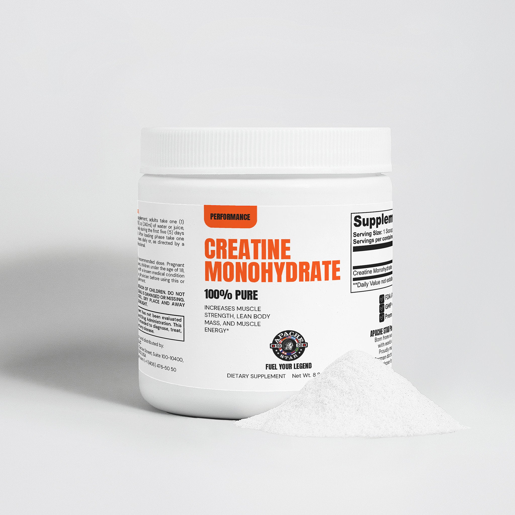 APACHE STAR CREATINE MONOHYDRATE 100% Pure supplement jar with powder mound. Supports strength, lean body mass, and athletic performance.