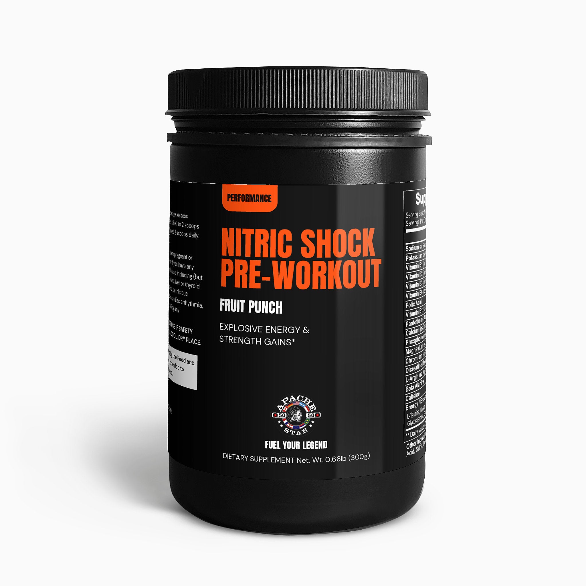 Nitric Shock pre-workout powder supplement in fruit punch flavor by APACHE STAR, designed to boost energy and muscle strength. Black container with bold orange label.
