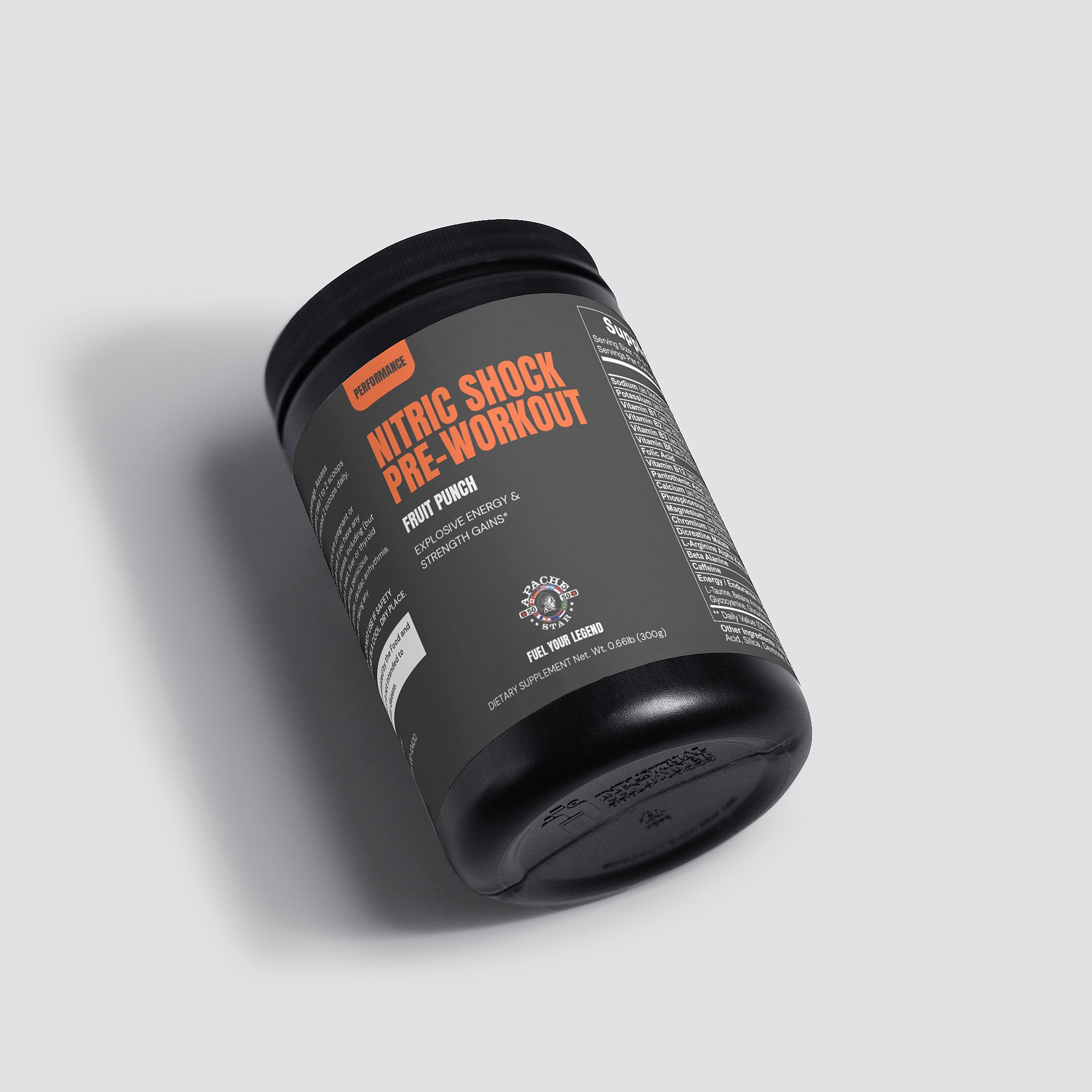 Side view of Nitric Shock pre-workout powder supplement bottle by APACHE STAR, emphasizing label design and branding for fitness and energy support. Made in the USA.