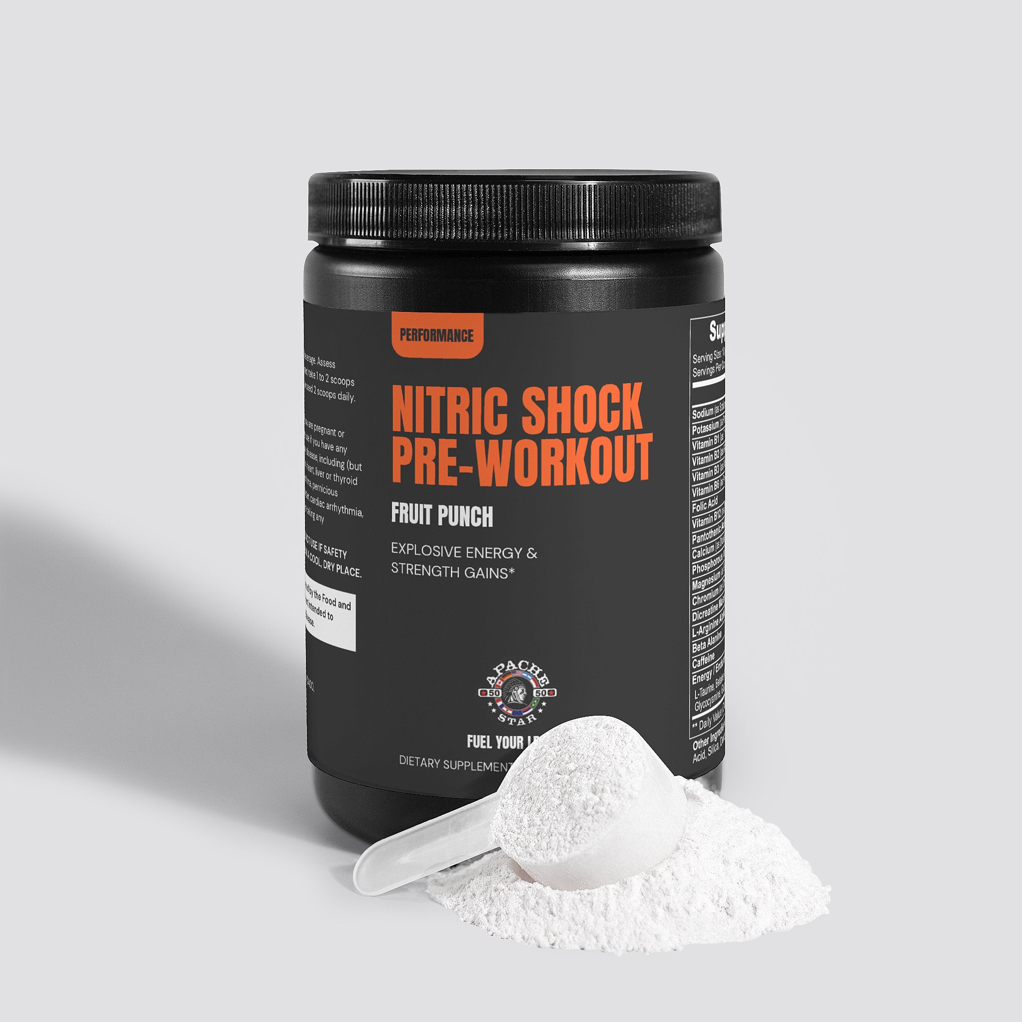 Open container of Nitric Shock pre-workout powder by APACHE STAR with scoop of white powder, ideal for enhancing performance and muscular recovery. Fruit punch flavor.