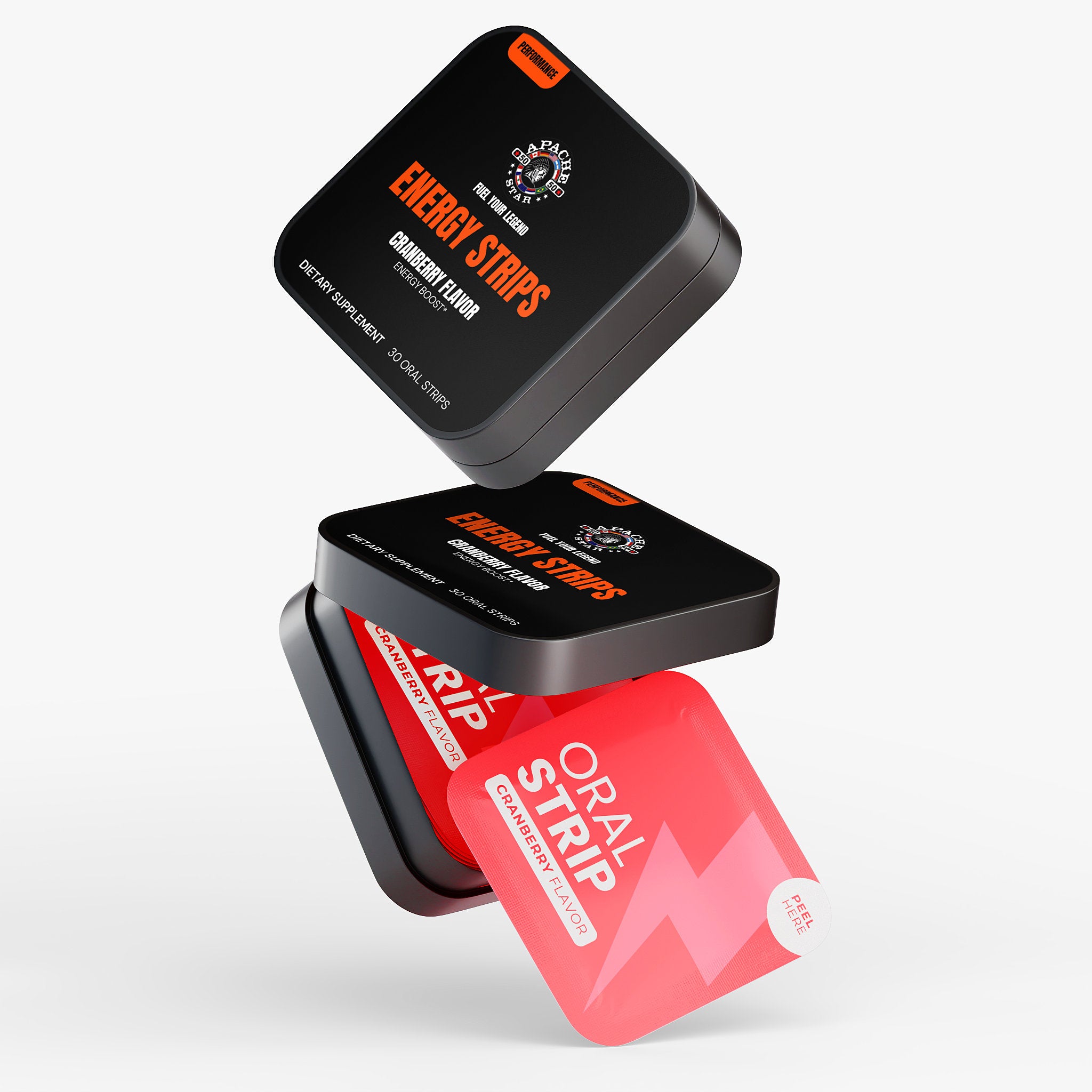 Floating APACHE STAR Energy Strips tin and red oral strip pack, highlighting sugar-free, non-GMO supplement for energy and mental clarity.