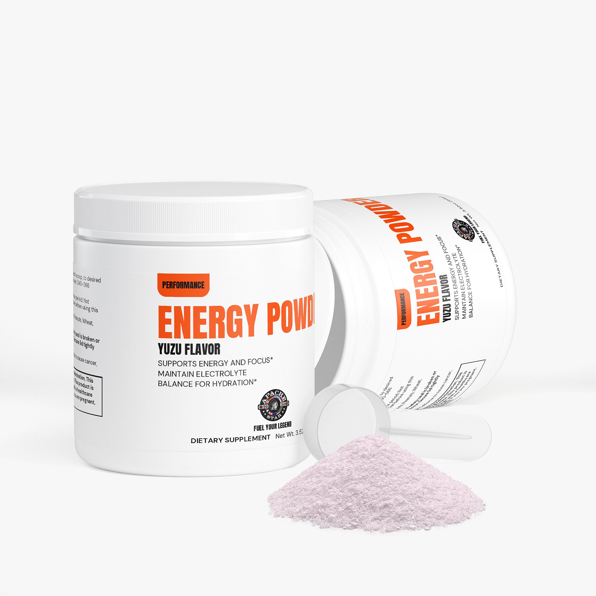 Open Yuzu Energy Powder container by APACHE STAR with scoop and powder displayed. Sugar-free formula supports hydration, focus, and wellness for active lifestyles.