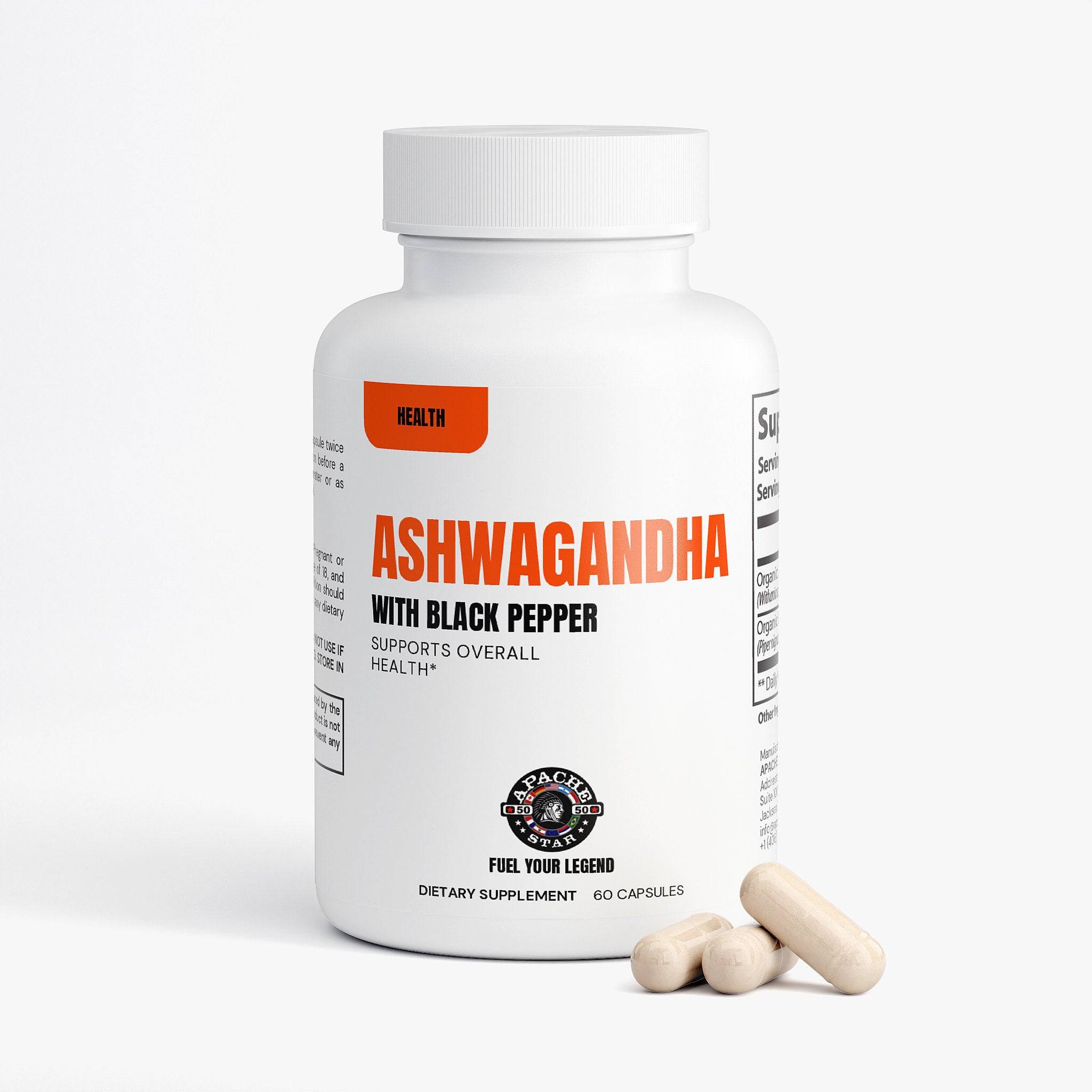 APACHE STAR® Ashwagandha 650mg Capsules – Front Label View, Vegan & Gluten-Free Supplement Made in USA