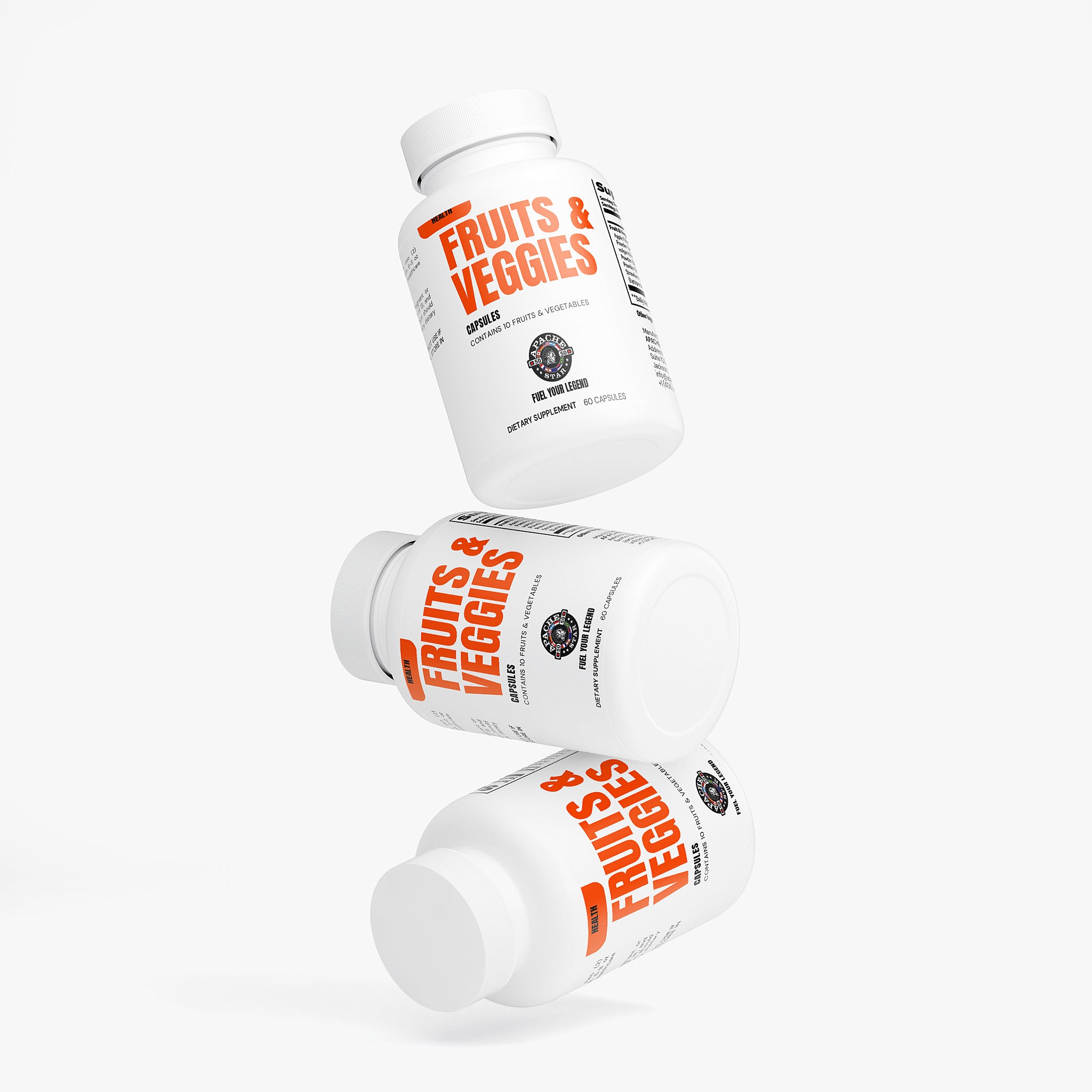 Close-up of beige capsules spilling from a white supplement bottle