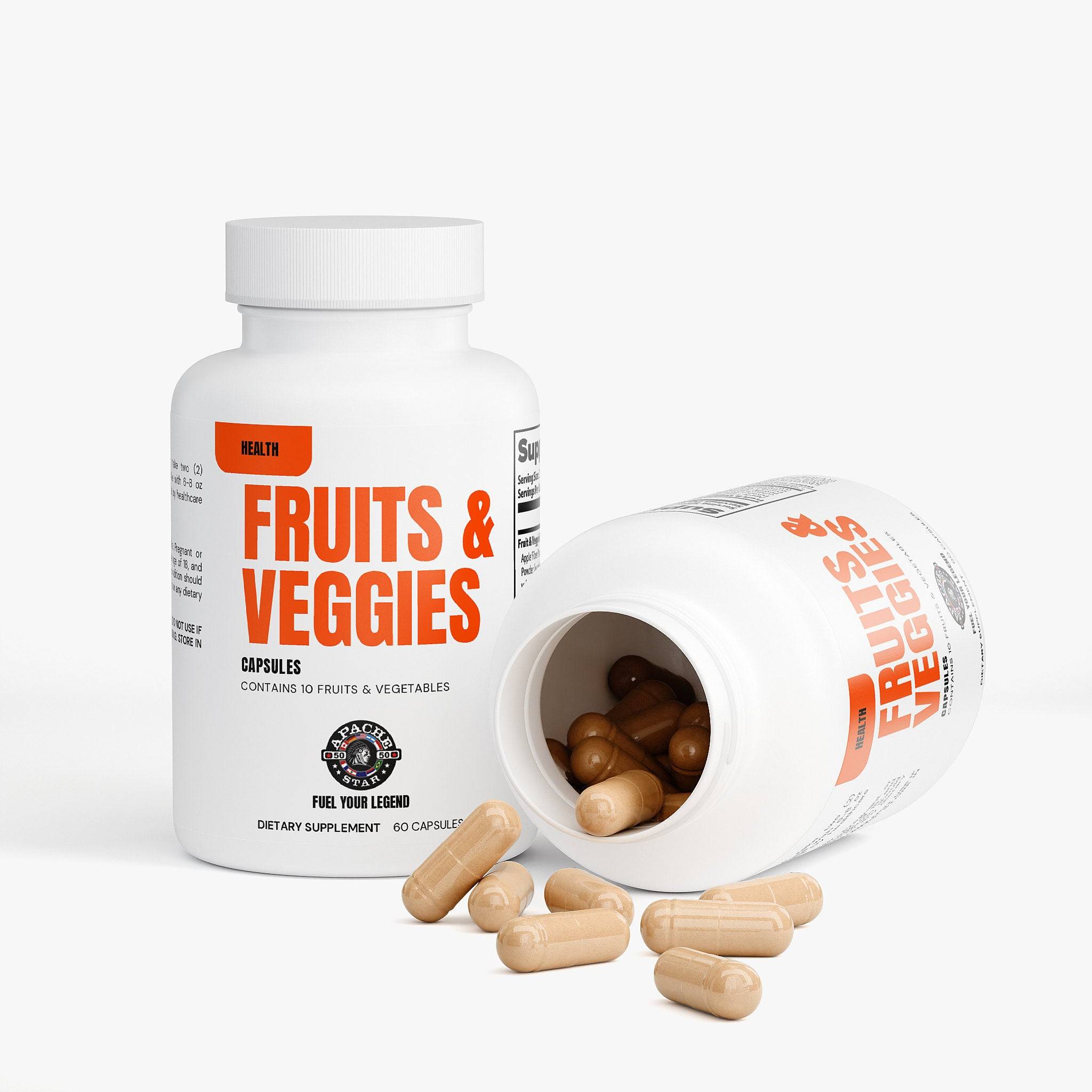 White supplement bottle with orange label and capsules spilling out
