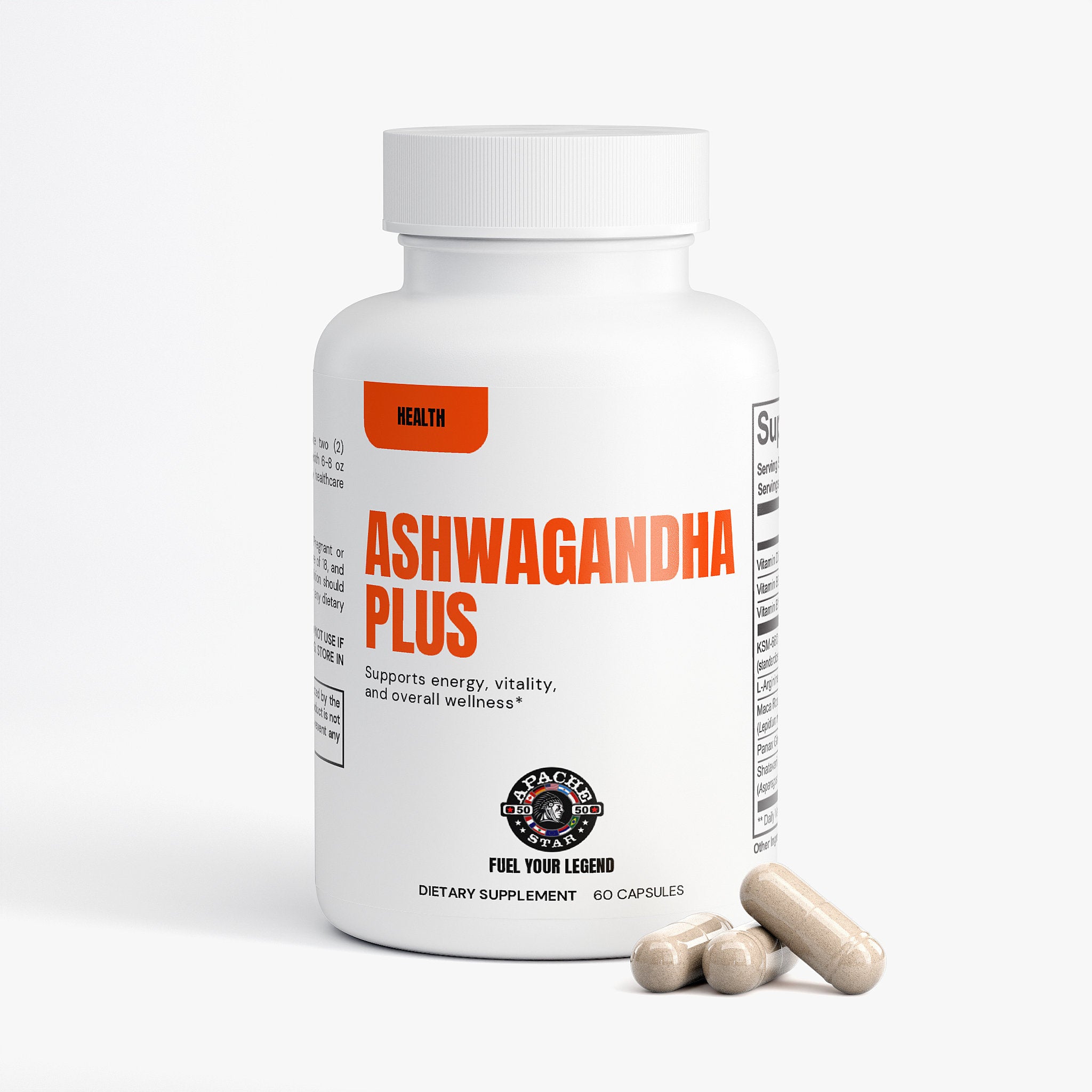 Stack of beige capsules next to white supplement bottle