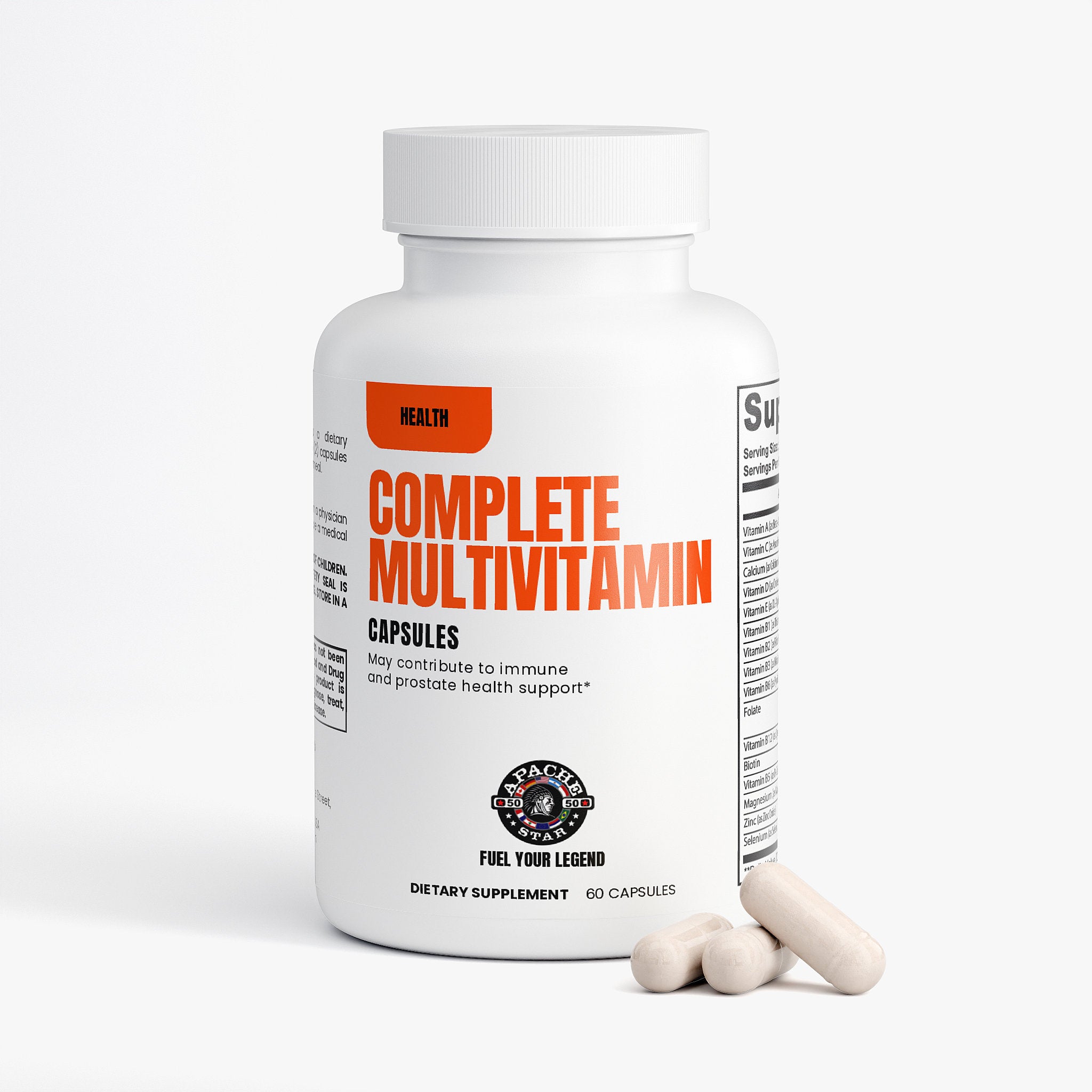 White dietary supplement bottle with capsules spilling out