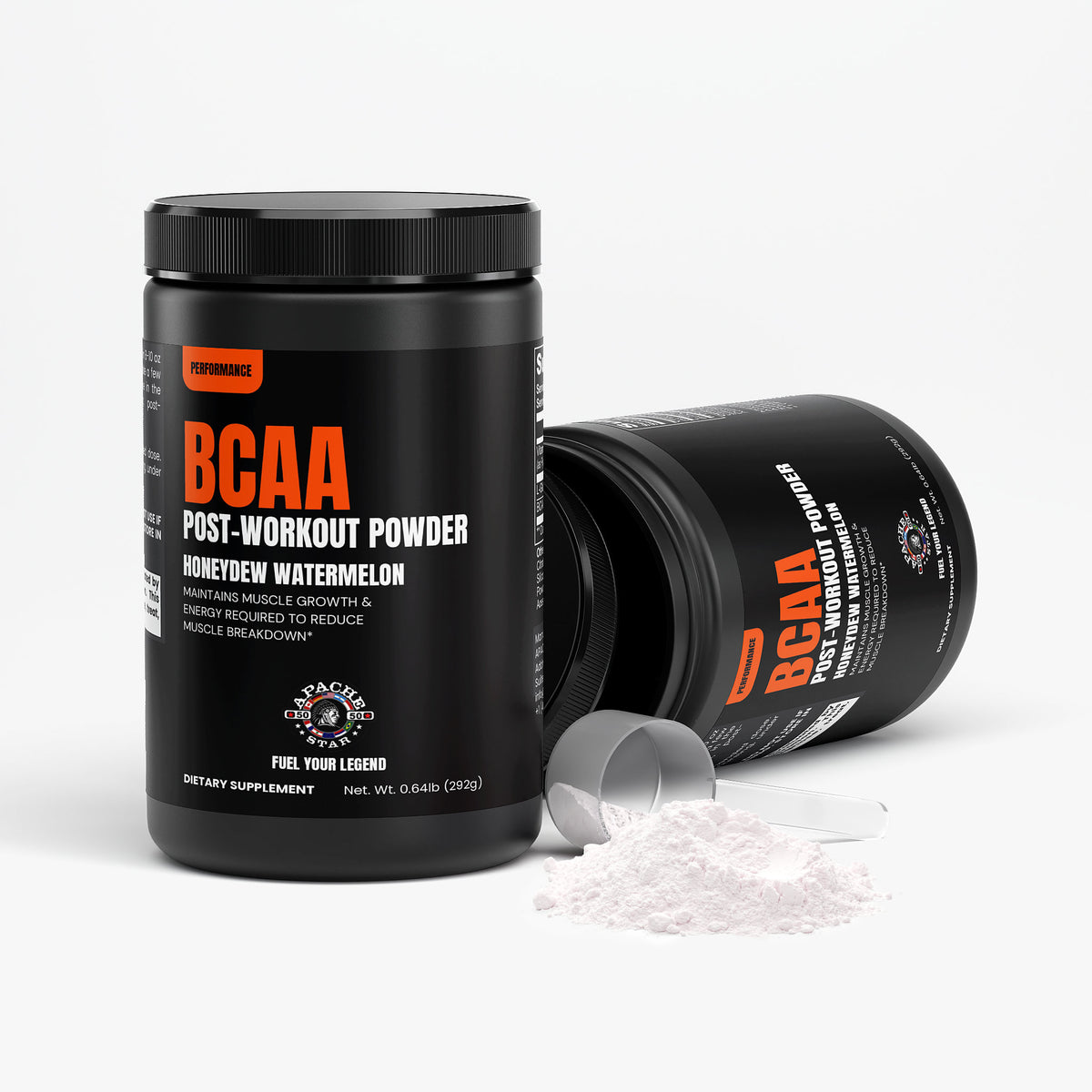 Two black APACHE STAR® BCAA Post Workout Powder tubs with dosing scoop — 3 month supply