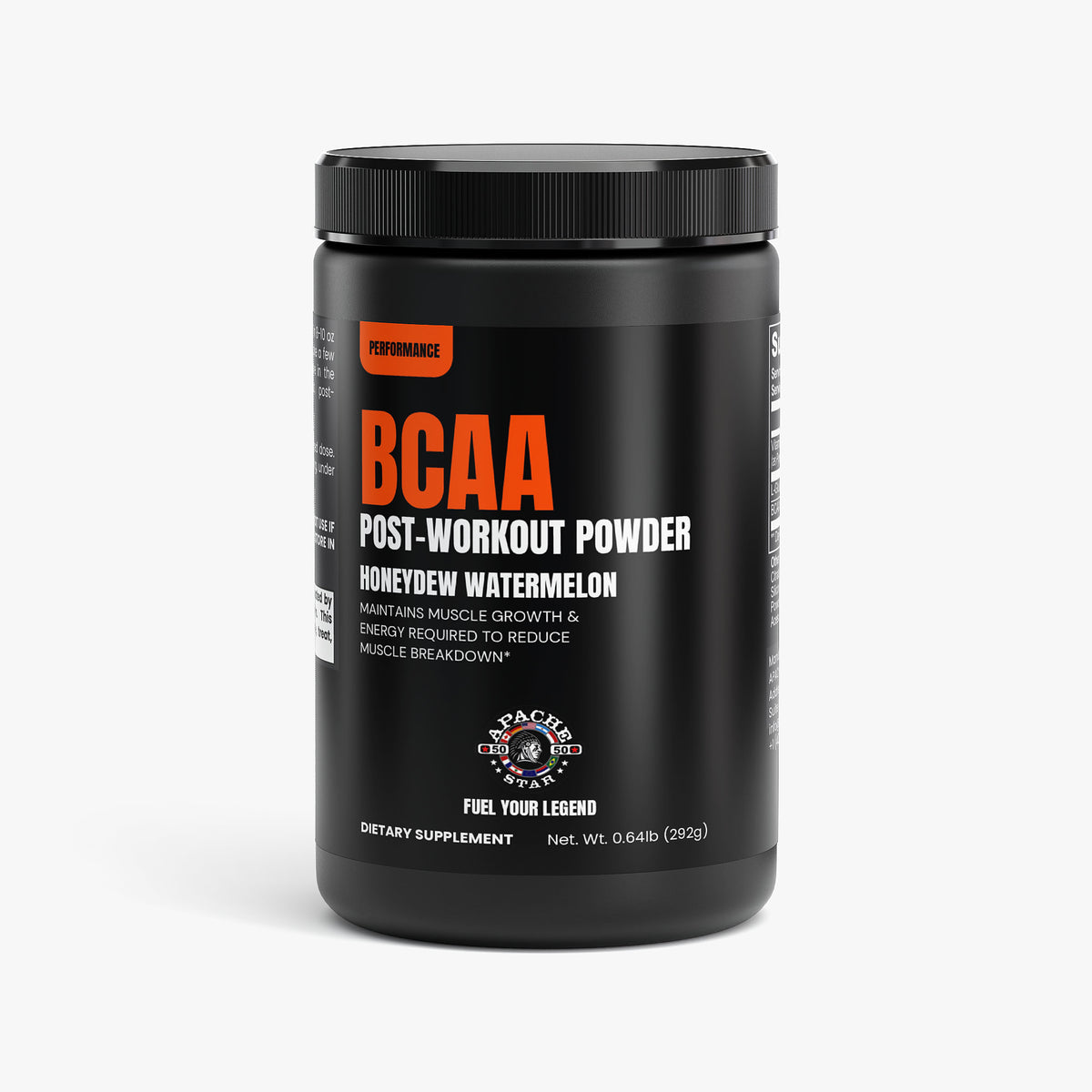 Black APACHE STAR® BCAA Post Workout Powder tub, honeydew watermelon, 0.64 lb (292 g)