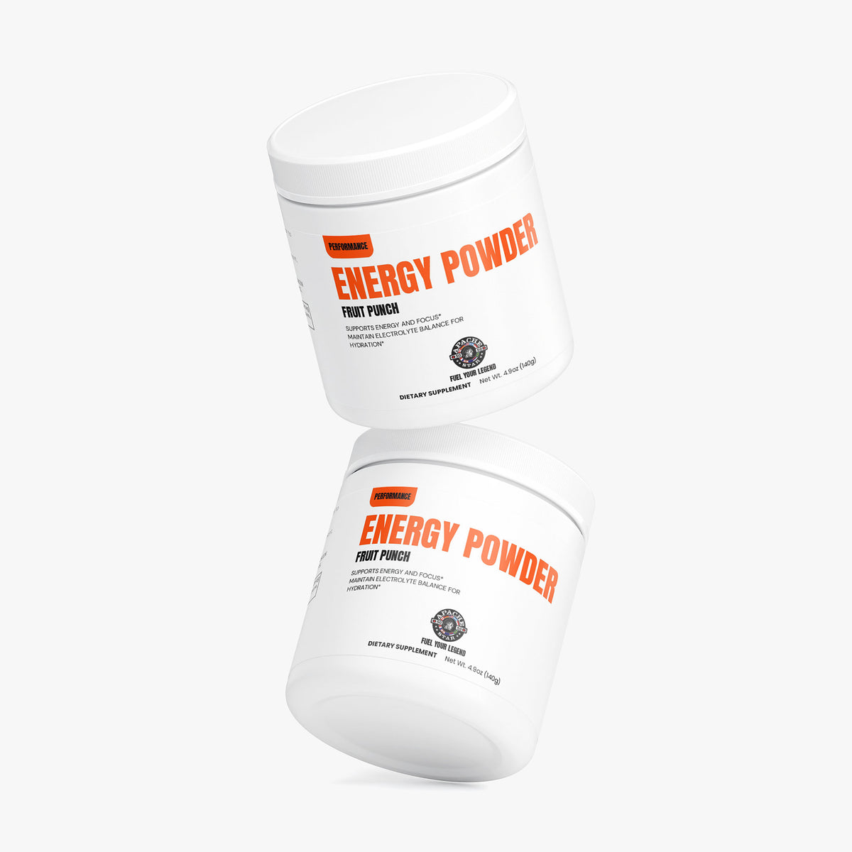 Angled view of two white APACHE STAR® Energy Powder tubs