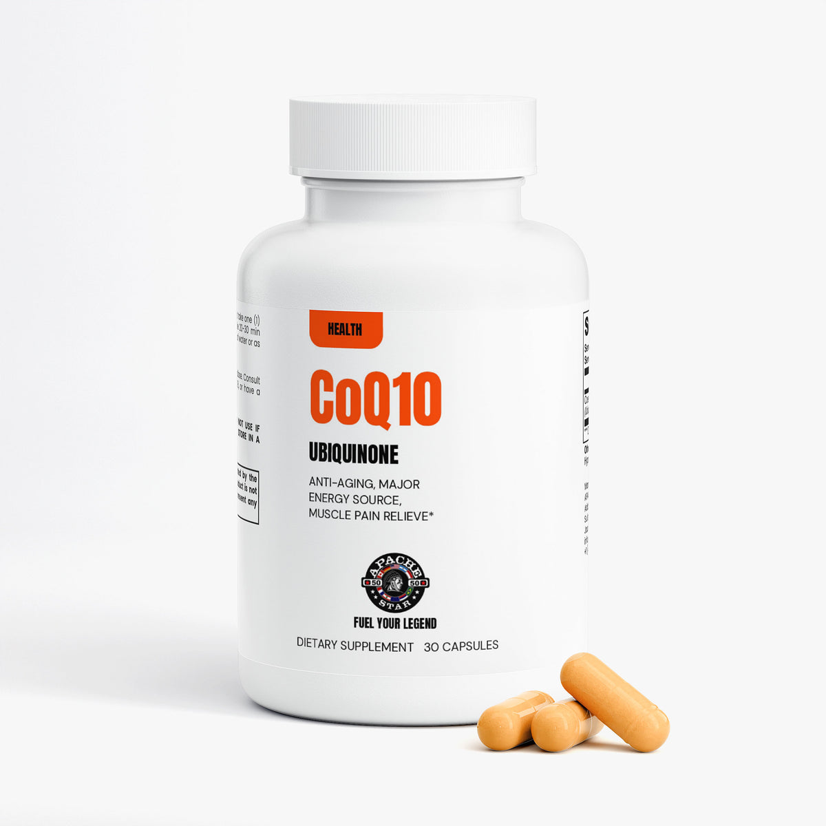 APACHE STAR® CoQ10 Ubiquinone bottle with orange capsules beside it