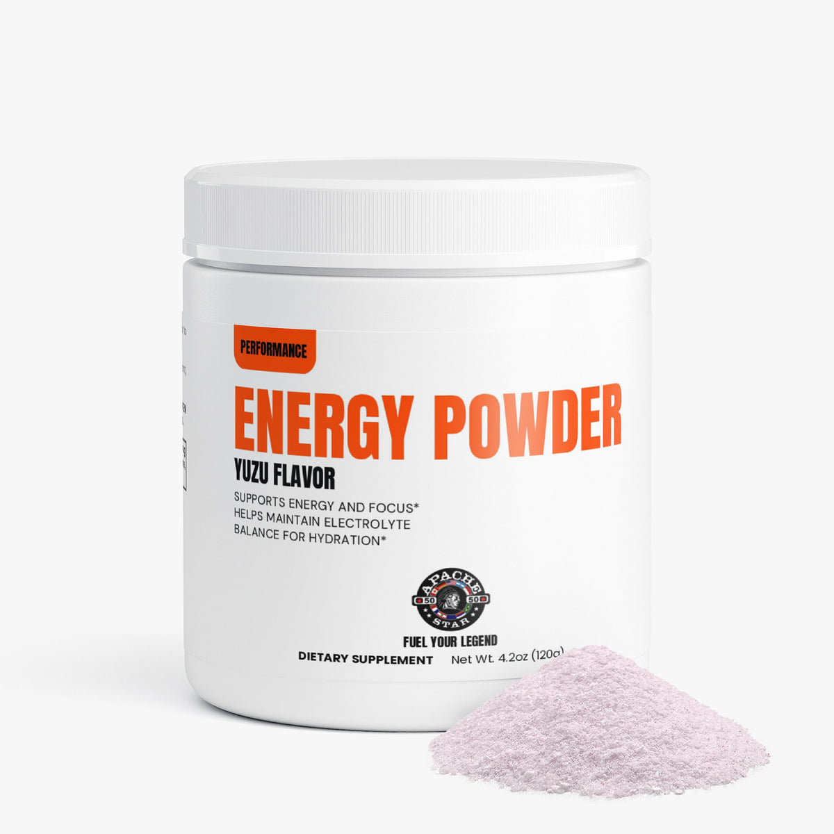 APACHE STAR® Energy Powder Yuzu tub beside a pile of pale pink powder