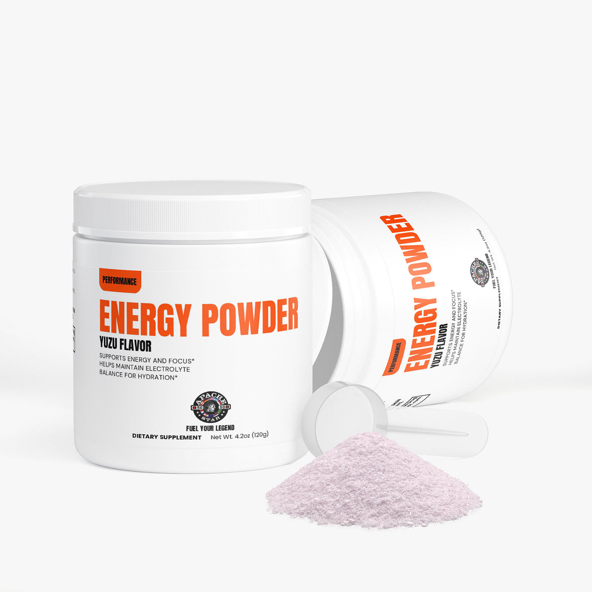 Two white APACHE STAR® Energy Powder Yuzu tubs with dosing scoop and loose powder