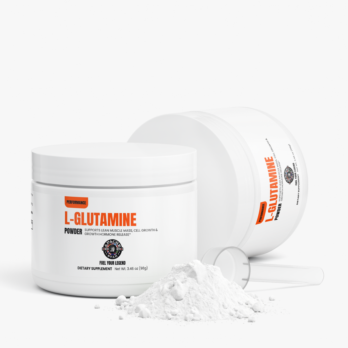 Two APACHE STAR® L-Glutamine Powder jars with dosing scoop and loose powder, showing the 3.3 g serving size