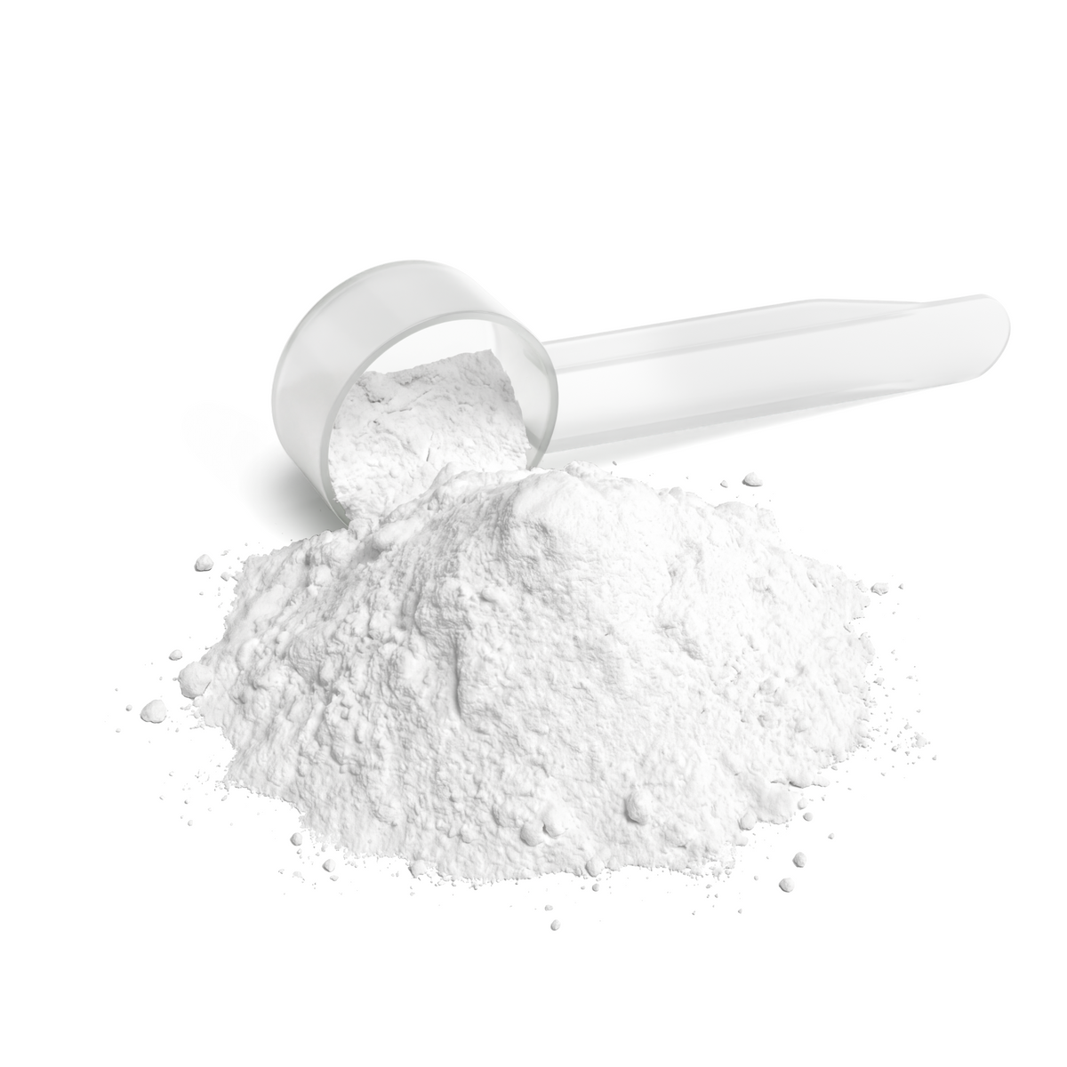 Dosing scoop filled with unflavored L-Glutamine powder next to a loose powder pile, 3.3 g single serving