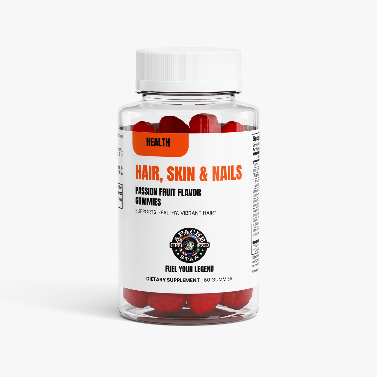 Clear APACHE STAR® Hair, Skin & Nails Gummies bottle with orange HEALTH label and red passion fruit gummies