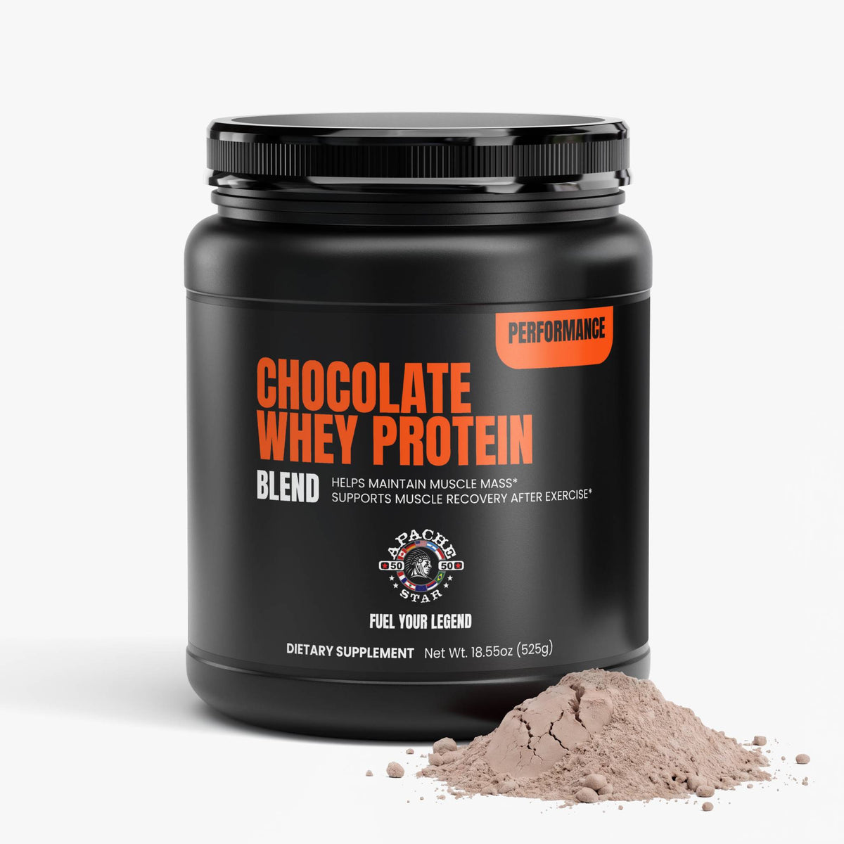 APACHE STAR® Chocolate Whey Protein Blend jar beside a pile of chocolate protein powder