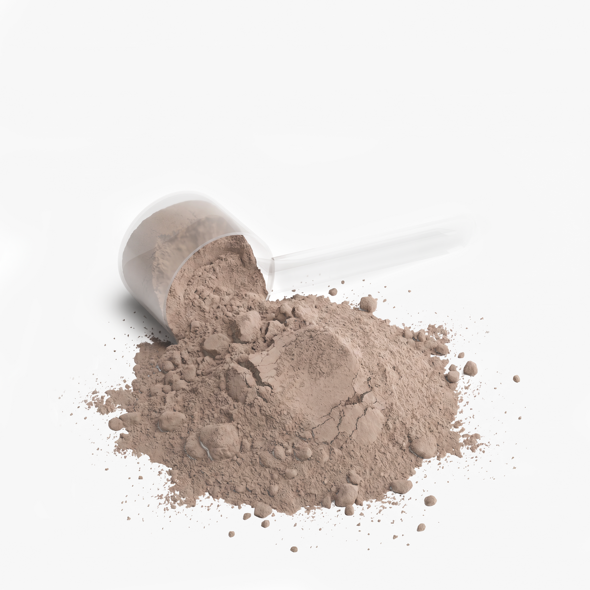 Dosing scoop filled with chocolate whey protein powder next to a loose powder pile, two scoops make one 22 g protein serving