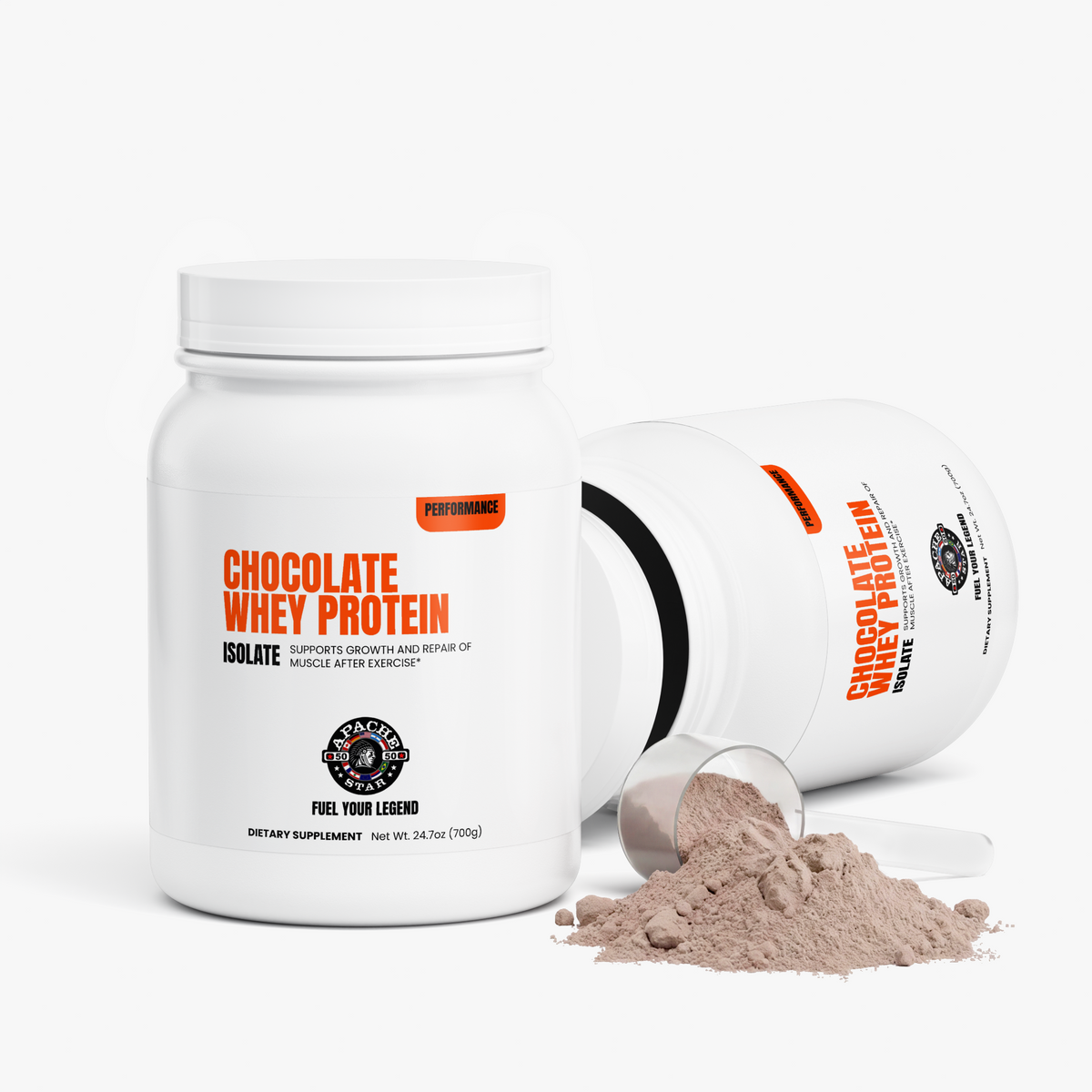 APACHE STAR WHEY PROTEIN ISOLATE - CHOCOLATE — two tubs with loose powder