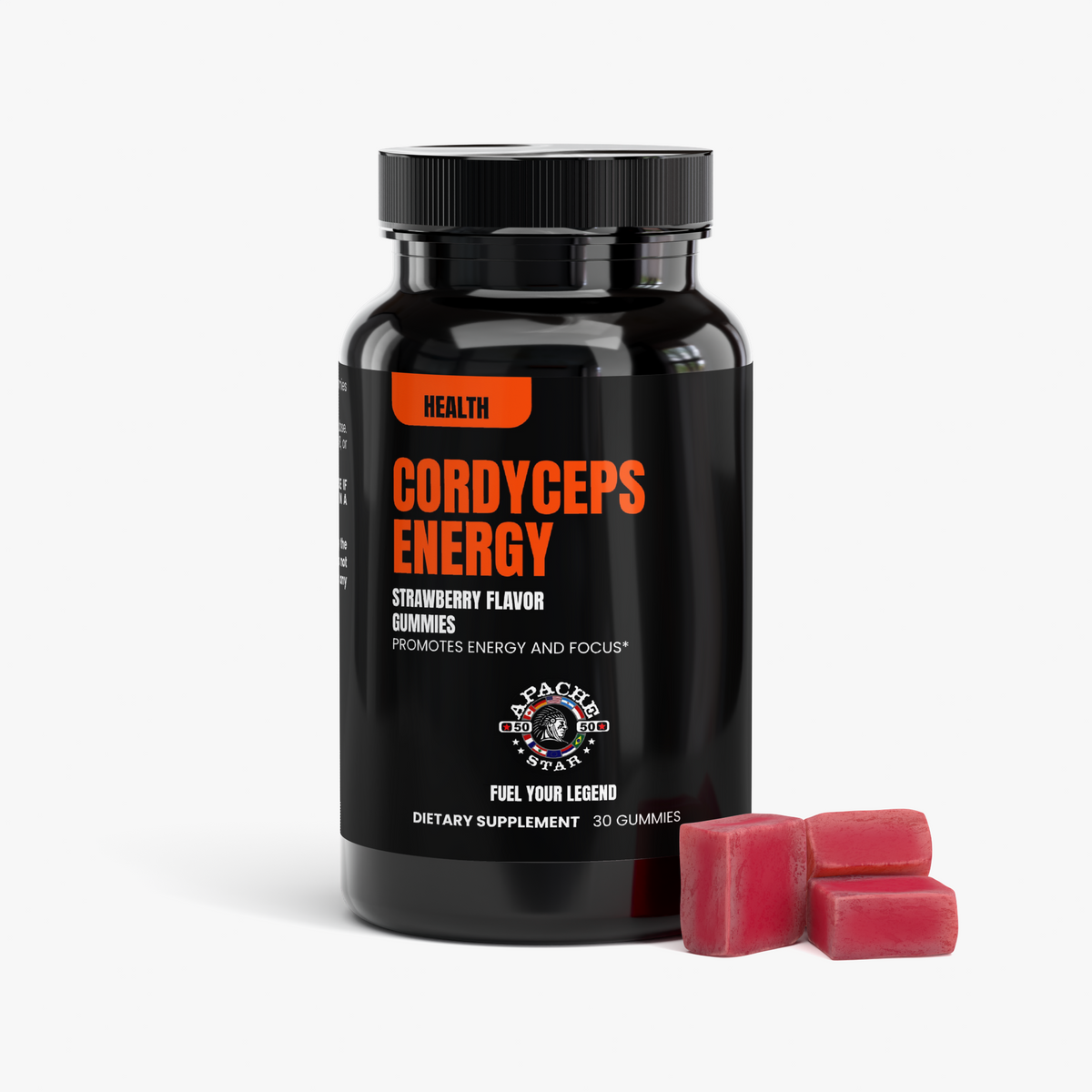 APACHE STAR® Cordyceps Energy Gummies bottle with three pink strawberry gummies beside it