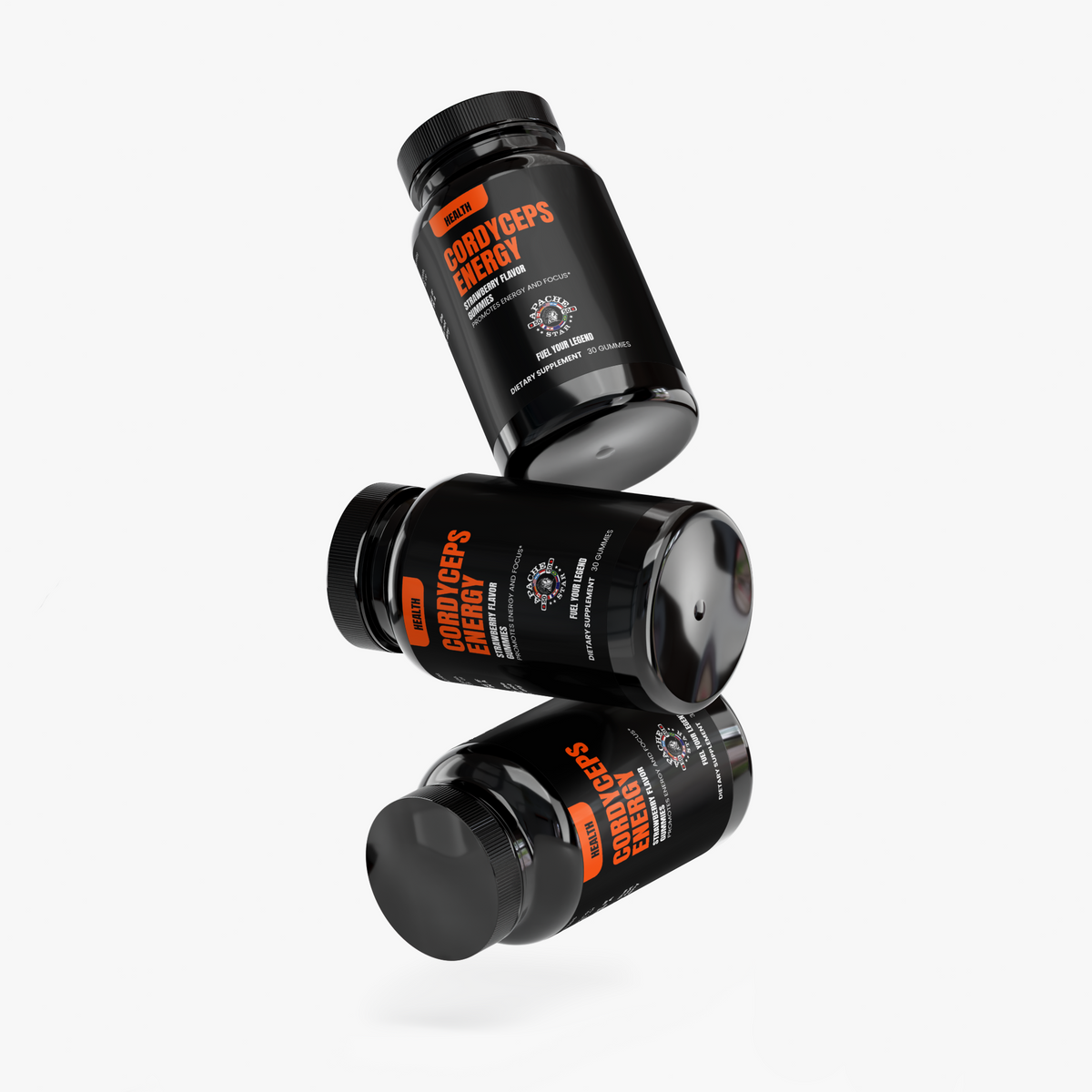 Three black APACHE STAR® Cordyceps Energy Gummies bottles at angles
