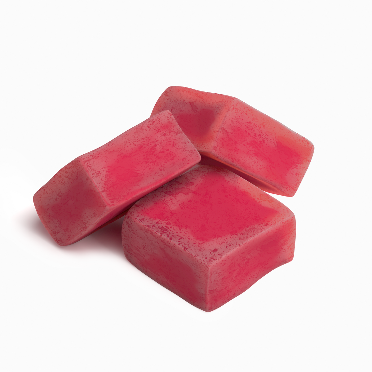 Close-up of three pink strawberry flavored cordyceps energy gummies