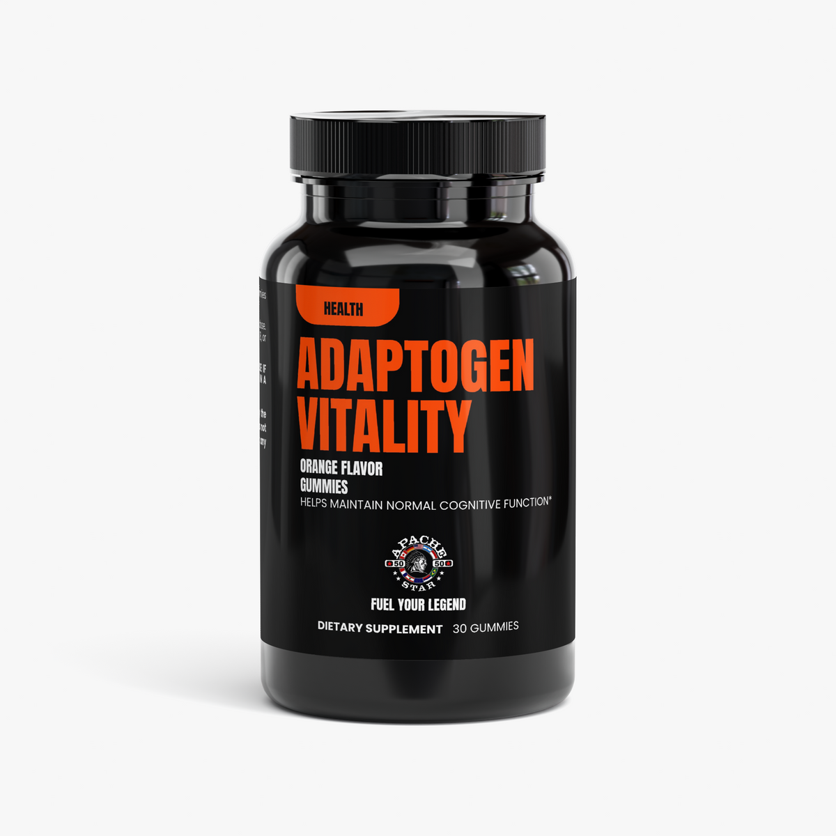 Black APACHE STAR® Adaptogen Vitality Gummies bottle with orange HEALTH label, orange flavor, 30 gummies