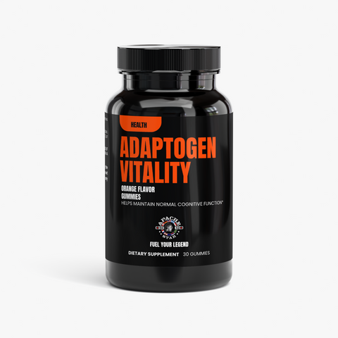 Black APACHE STAR® Adaptogen Vitality Gummies bottle with orange HEALTH label, orange flavor, 30 gummies