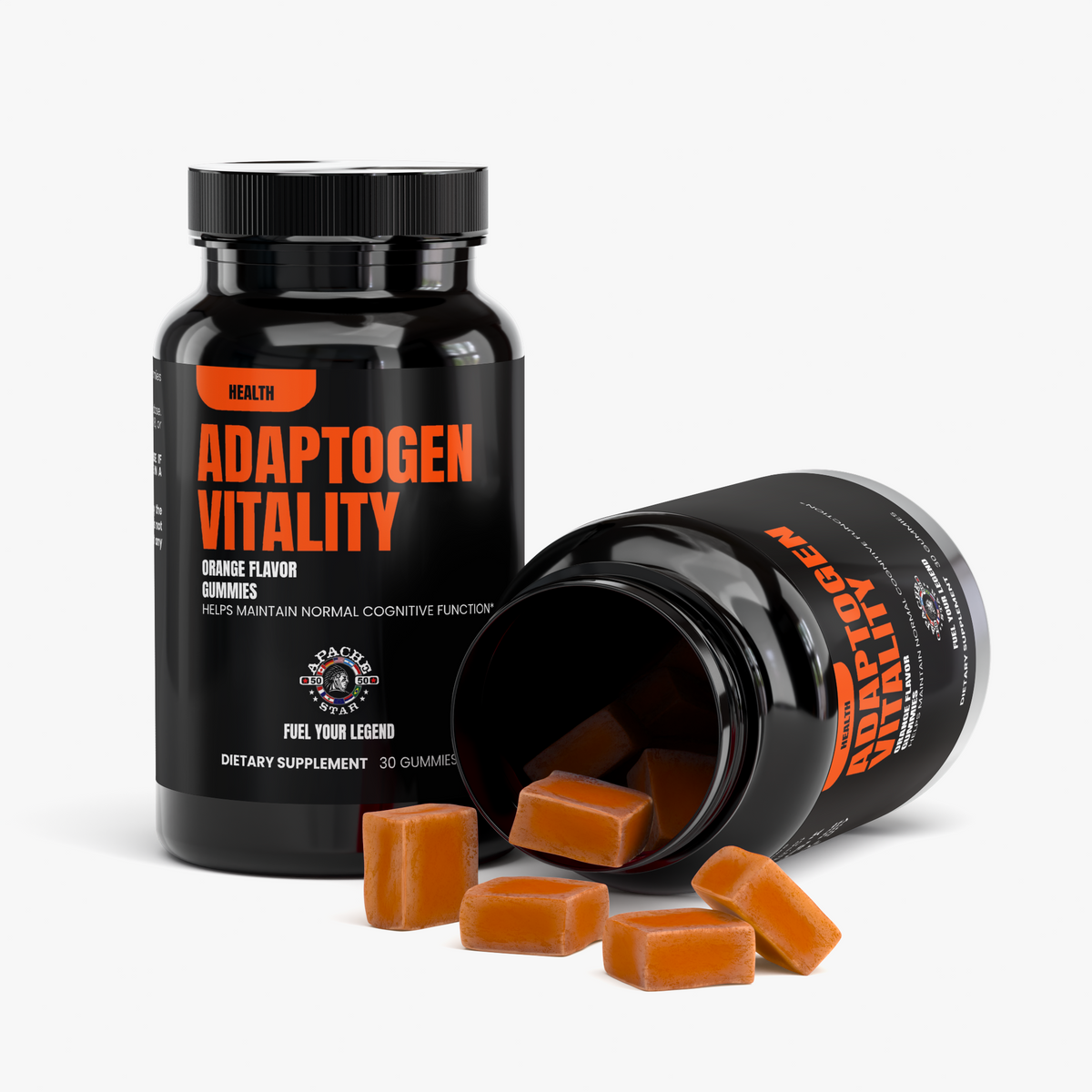 Two black APACHE STAR® Adaptogen Vitality Gummies bottles with orange gummies — 2 month supply