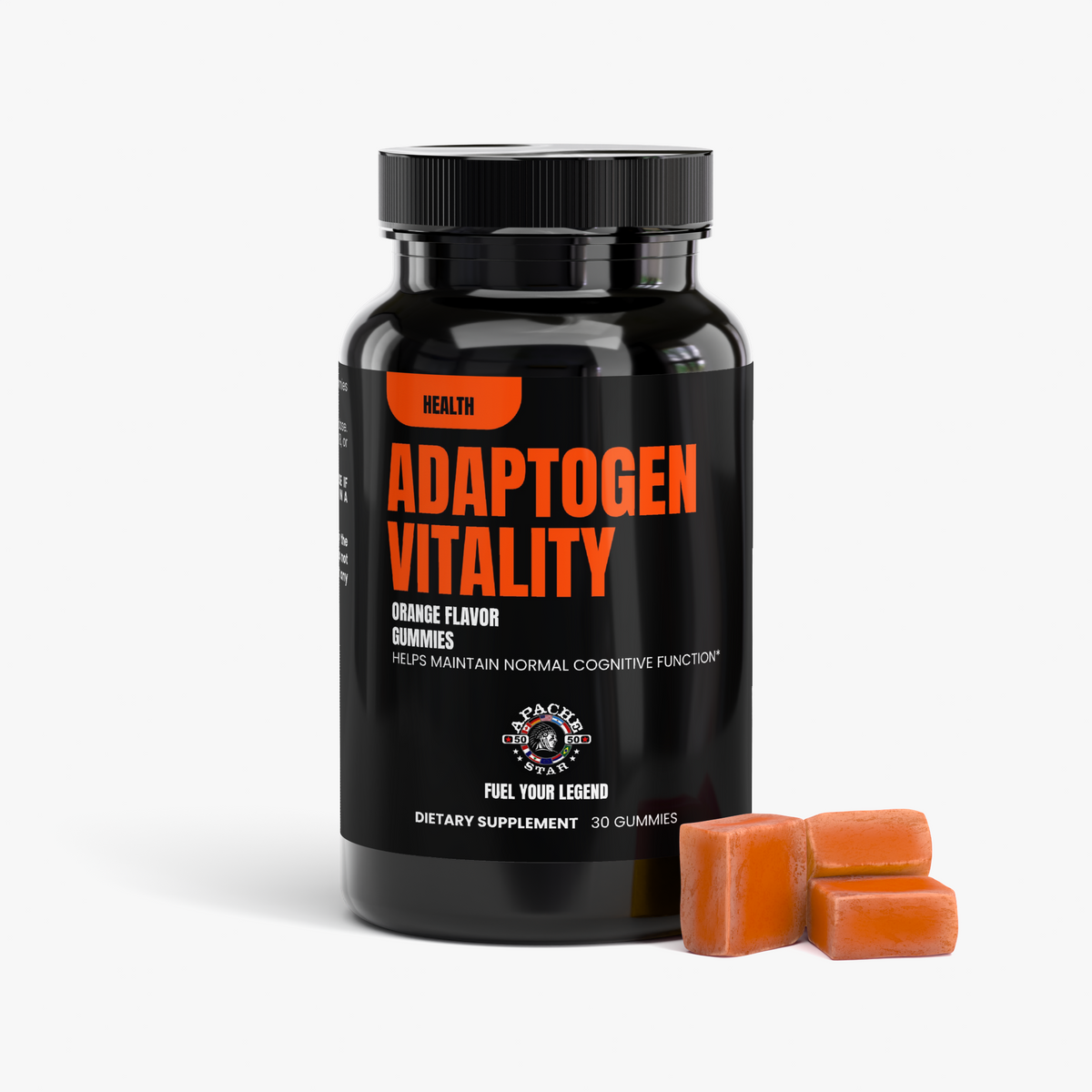 APACHE STAR® Adaptogen Vitality Gummies bottle with three orange mushroom gummies beside it