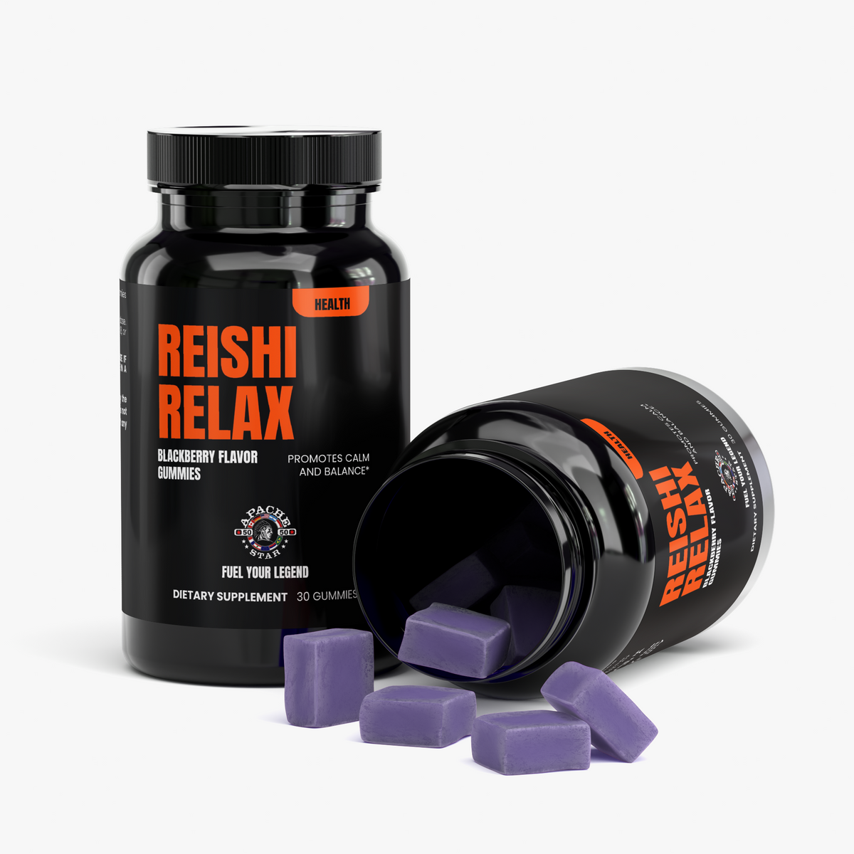 Two black APACHE STAR® Reishi Relax Gummies bottles, one tipped with purple gummies spilling out