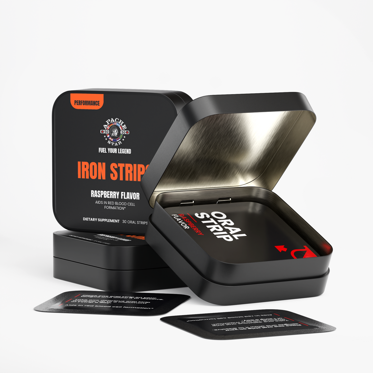 APACHE STAR IRON STRIPS - RASPBERRY — open tin with the oral strips