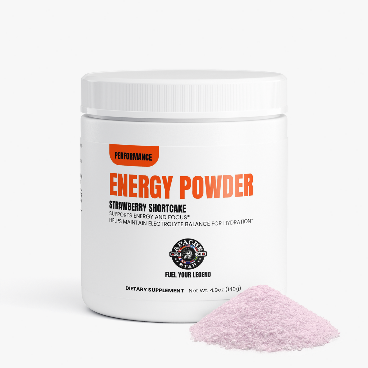 APACHE STAR ENERGY POWDER (STRAWBERRY SHORTCAKE) — tub with loose powder beside it