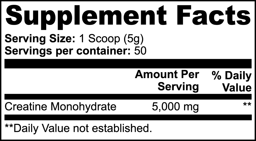 Supplement Facts label for CREATINE MONOHYDRATE by APACHE STAR showing 5g per serving and 50 servings per container. Pure creatine for enhanced fitness results.