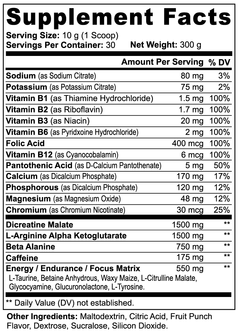 Supplement facts label of Nitric Shock pre-workout powder by APACHE STAR showing ingredients like L-Arginine, Beta Alanine, and Caffeine for athletic performance and focus.