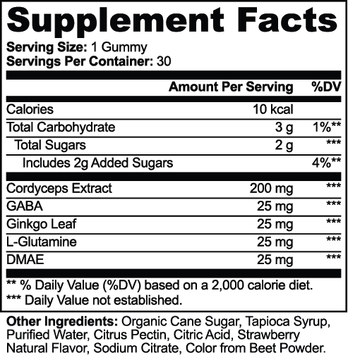 Supplement Facts label for APACHE STAR® Cordyceps Energy Gummies showing 1 gummy per serving, 30 servings and 200 mg cordyceps extract with GABA, ginkgo, L-glutamine and DMAE