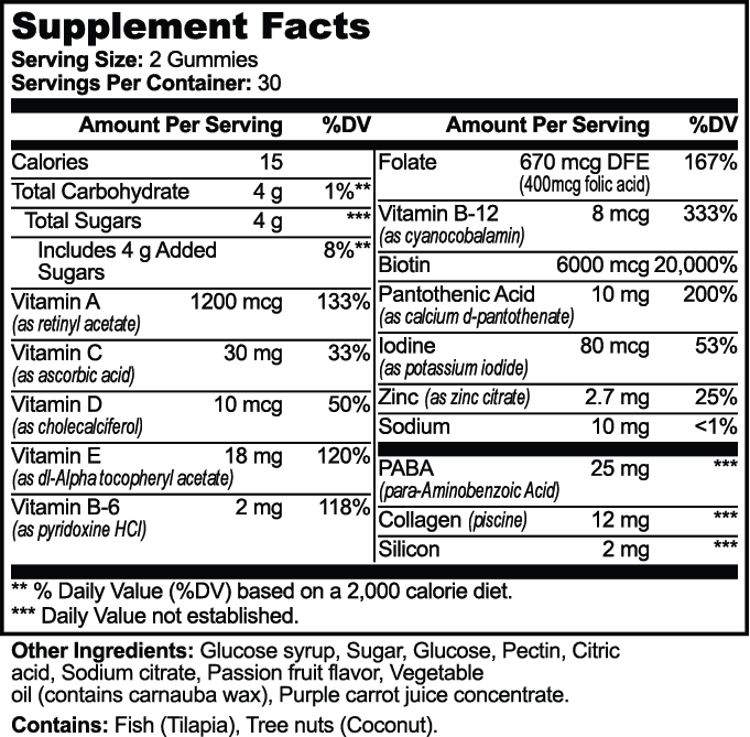 Supplement Facts label for APACHE STAR® Hair, Skin & Nails Gummies showing 2 gummies per serving, 30 servings per container and 6,000 mcg biotin