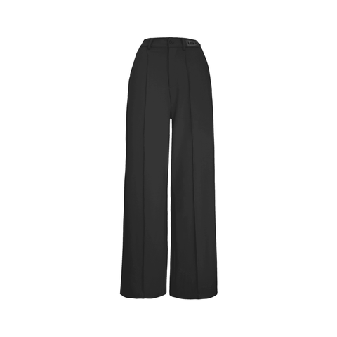 Black pleated sweatpants with structured drape, full stretch, unisex fit, tailored casual style