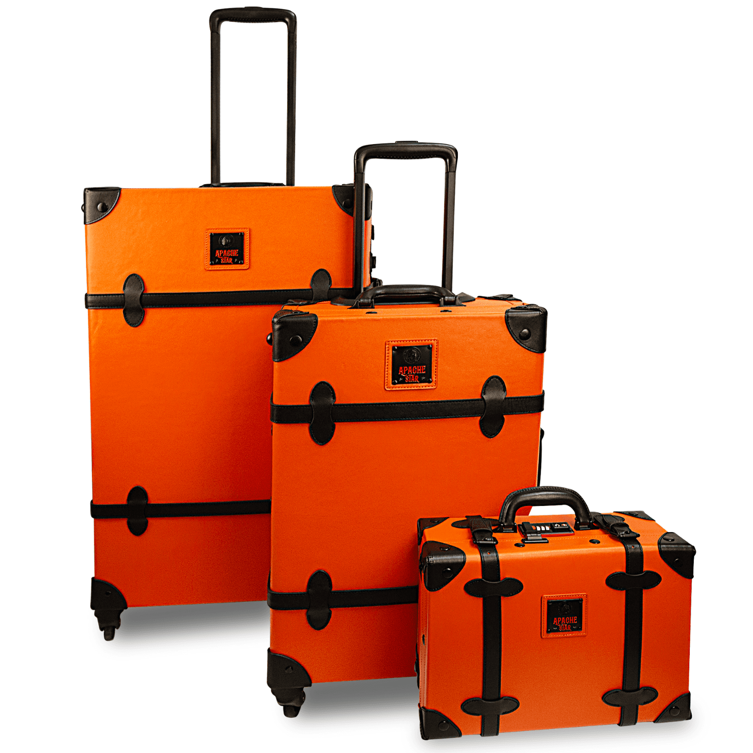 APACHE STAR® Luxury Vintage Trunk Luggage Collection in Signature Orange, featuring 13", 20" & 28" suitcases with TSA locks and spinner wheels.