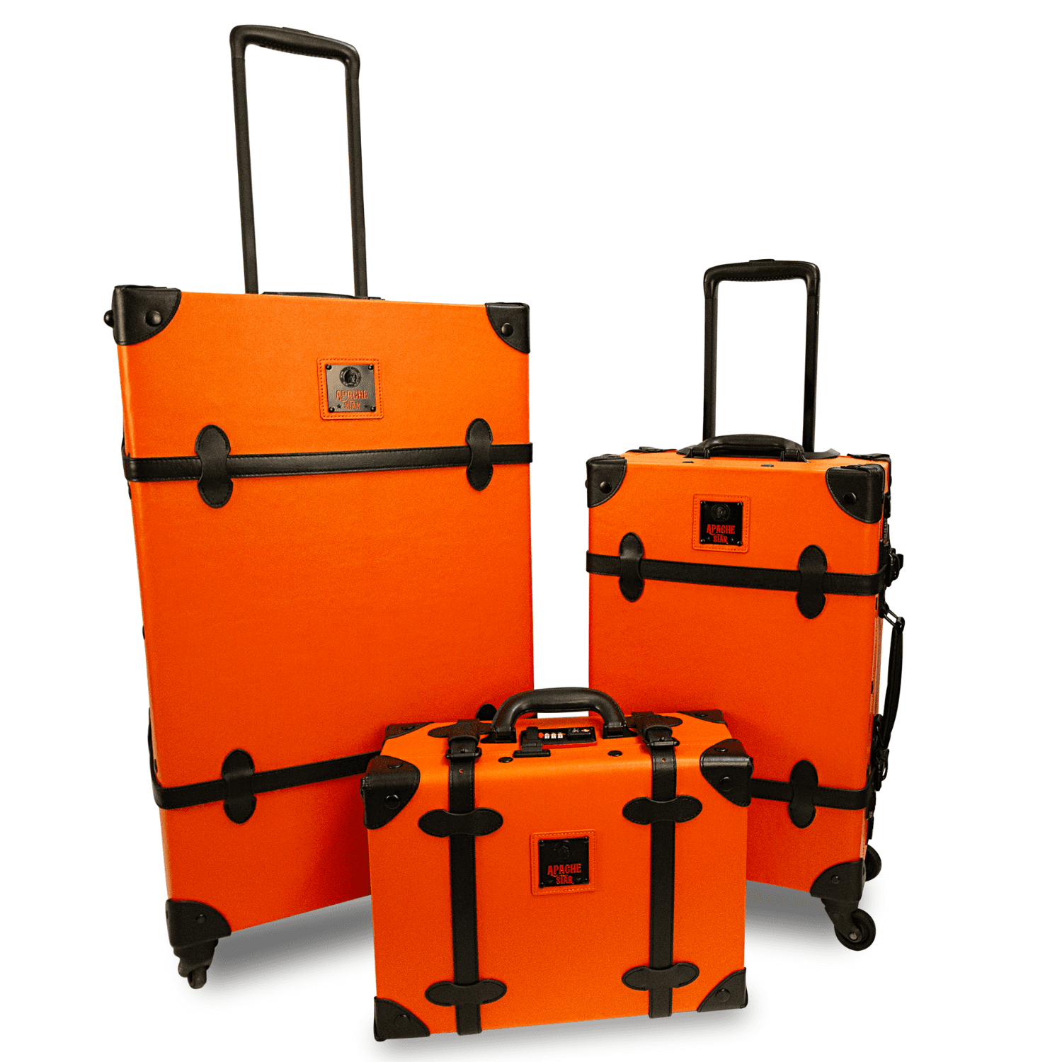 Full APACHE STAR® Heritage Trunk Set in Signature Orange featuring 13", 20" & 28" vintage suitcases with telescopic handles and leather trim.