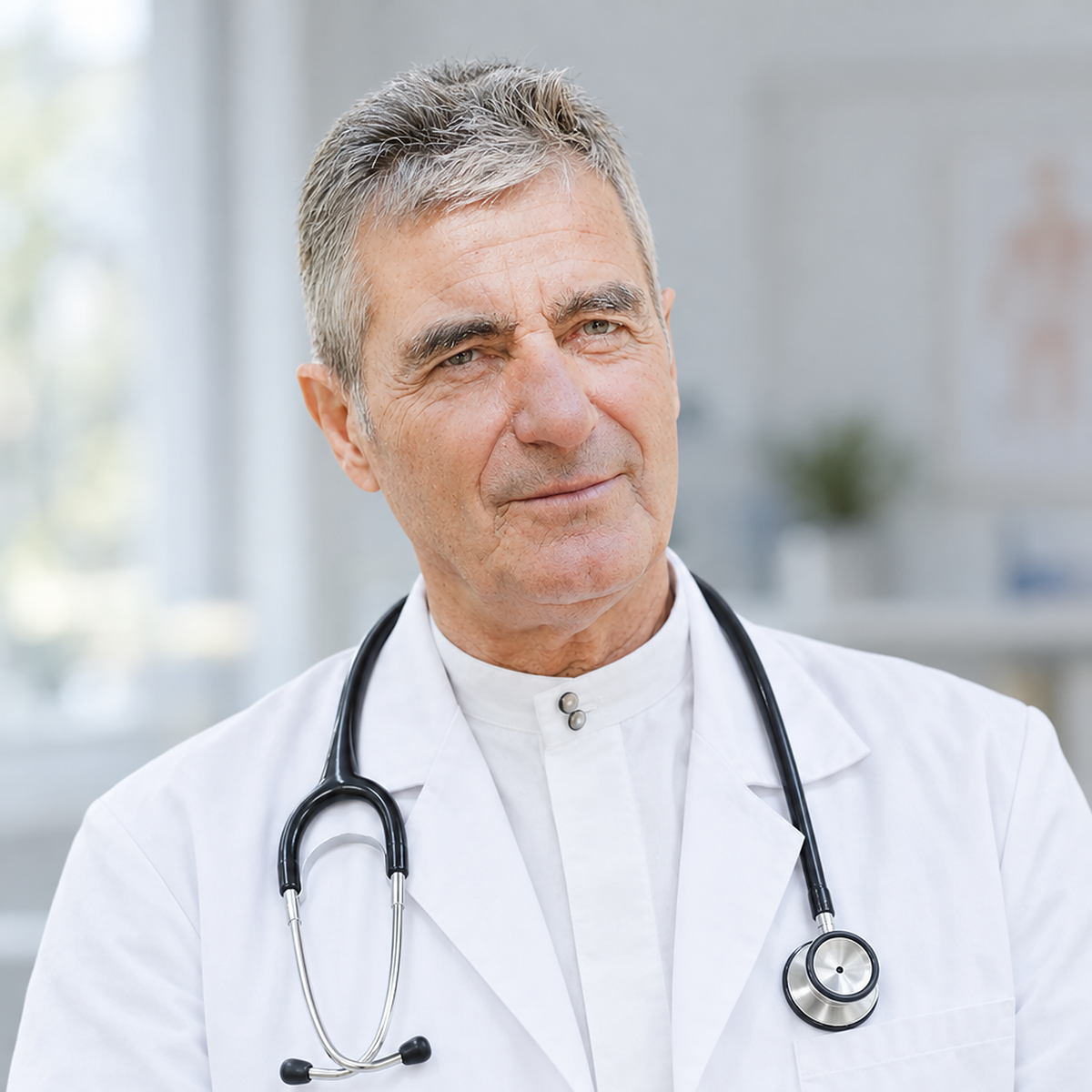 Dr. Med. Hartmut-Eckehard Frühbrodt, Chief Medical Advisor of APACHE STAR®, in a white physician's coat