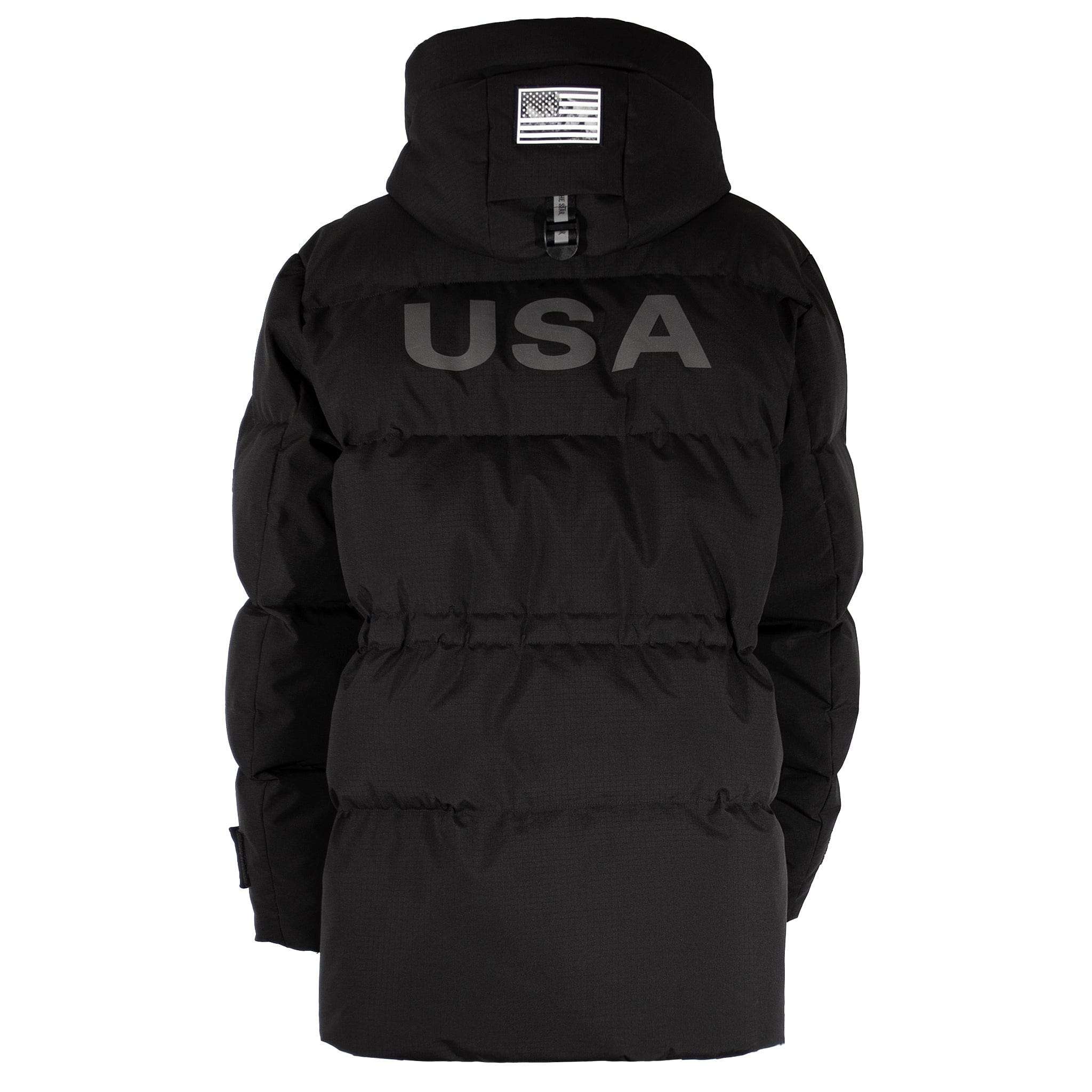 Back view of American Anchorage black down jacket with bold 'USA' print and monochrome American flag patch, designed for winter performance by APACHE STAR.