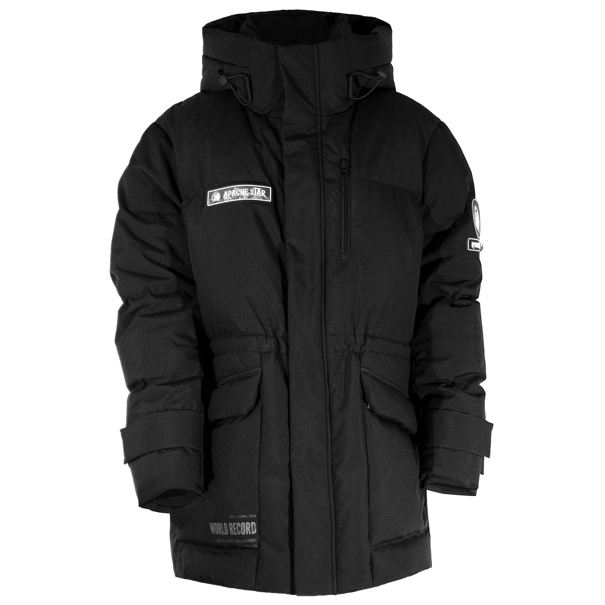 American Anchorage black down jacket by APACHE STAR with front view, featuring high collar, hood, and tech-inspired patches for extreme weather.