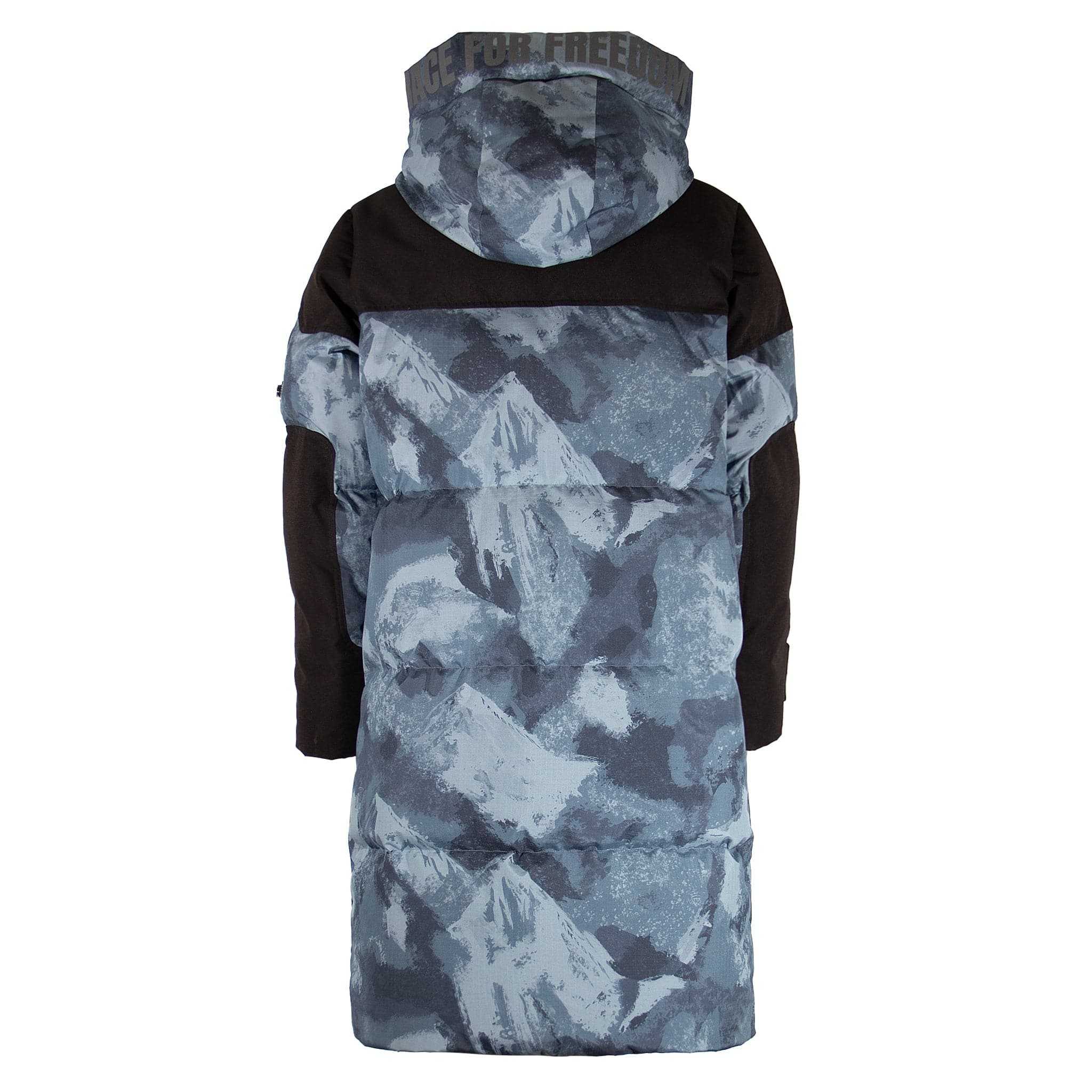 Vintage Down Coat - Blue Camouflage by APACHE STAR | Function, Style, Tech. Rear view of blue camouflage down coat with text detail on hood and extended length for warmth.