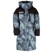 Vintage Down Coat - Blue Camouflage by APACHE STAR | Function, Style, Tech. Long blue camouflage down coat with hood and black shoulder panels, ideal for winter wear.