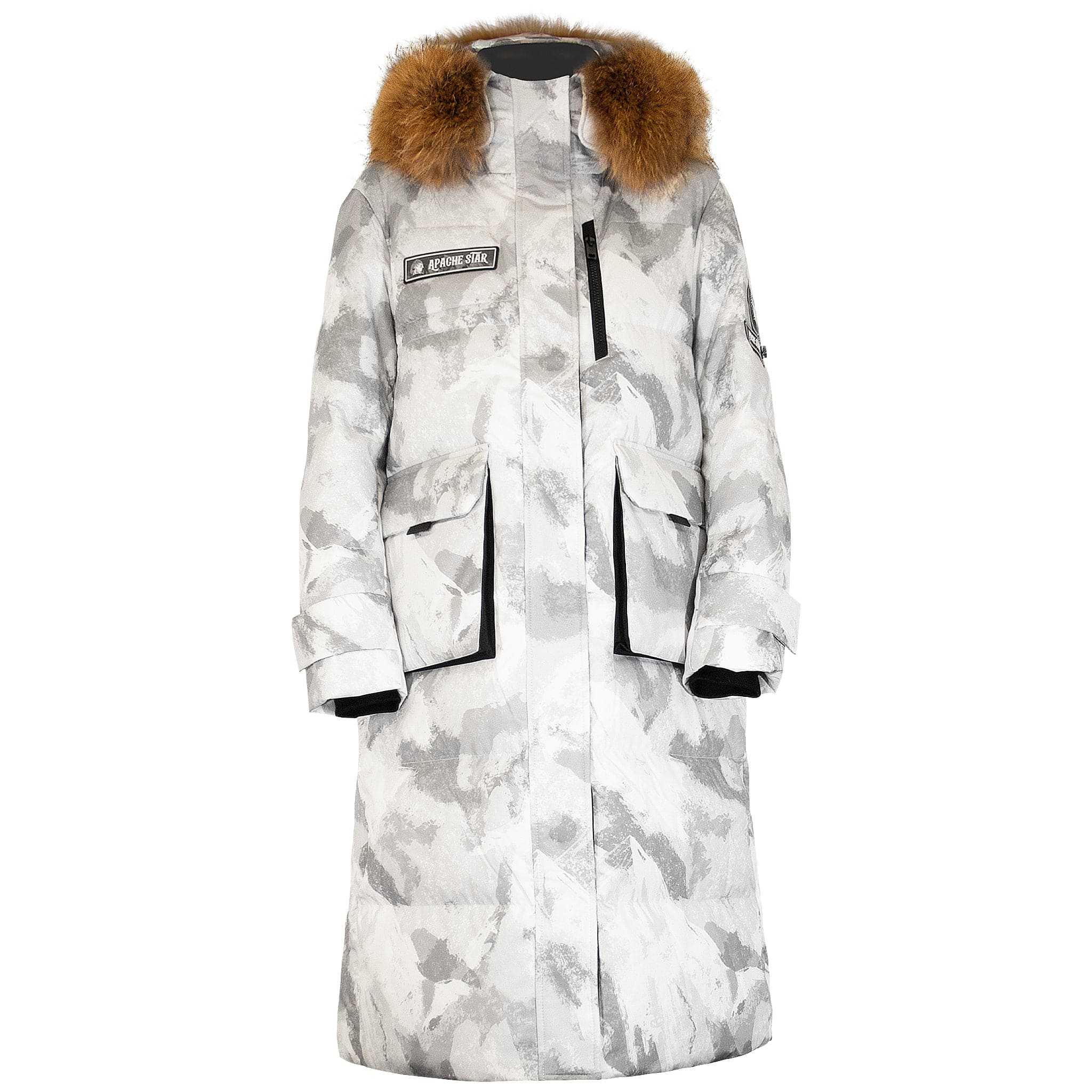 Brigade Breeze Down Coat by APACHE STAR in white camouflage with faux fur hood, ideal for winter tech wear and extreme cold protection.